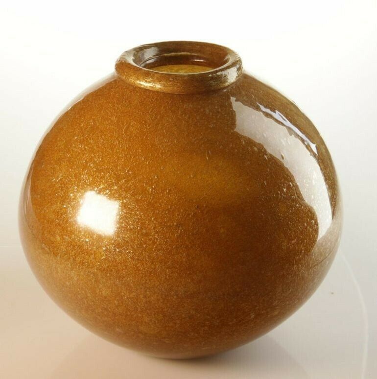 7800.0 Seguso For Bisazza Pair Mustard Murano Pulegoso Vase Gold Rim, 1993 Signed photo