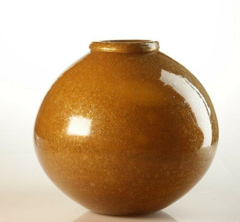 photo vintage Seguso For Bisazza Pair Mustard Murano Pulegoso Vase Gold Rim, 1993 Signed