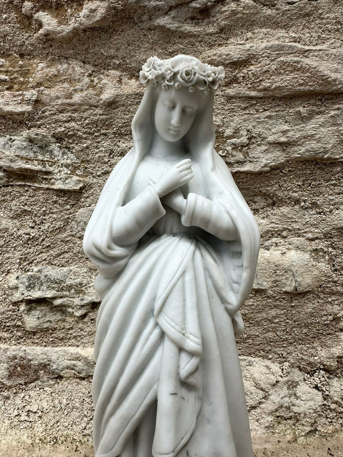 Antique French Marian Statue Of Crowned Virgin Mary Bisque Figurine, Gift For Communion photo for sale