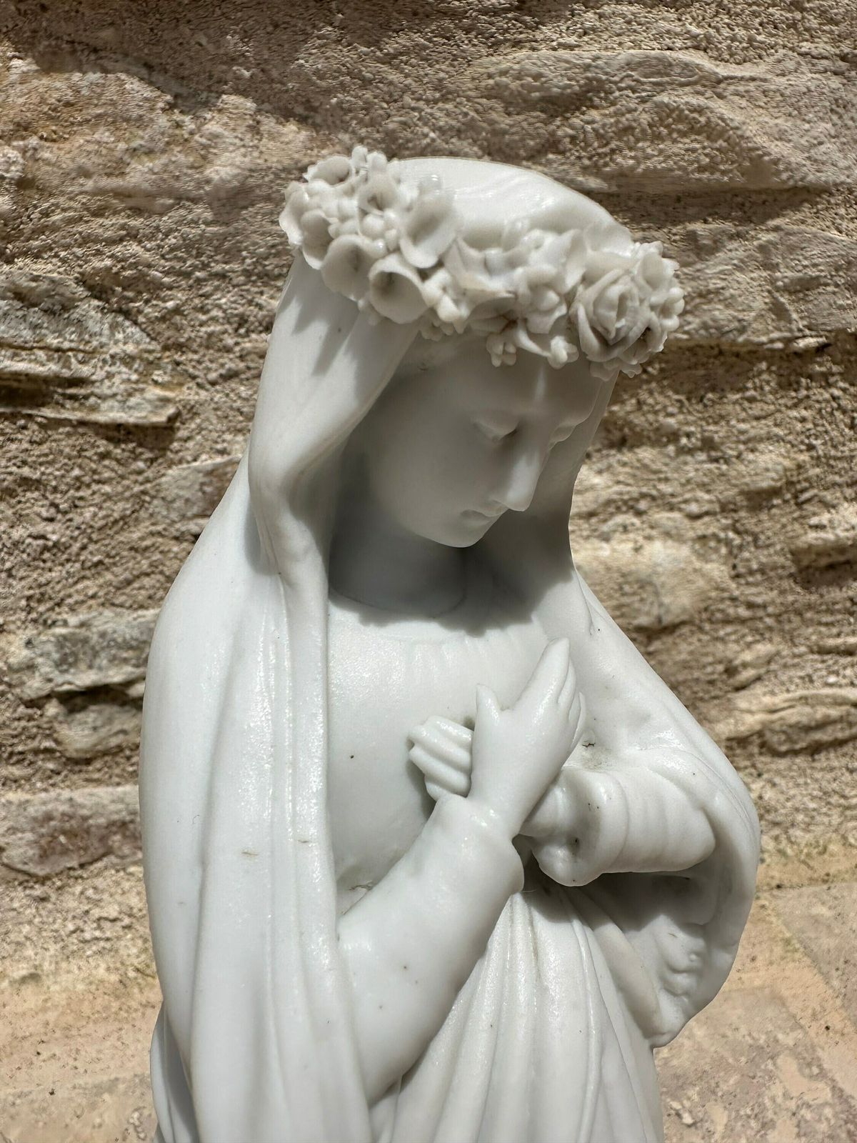 Antique French Marian Statue Of Crowned Virgin Mary Bisque Figurine, Gift For Communion photo buy