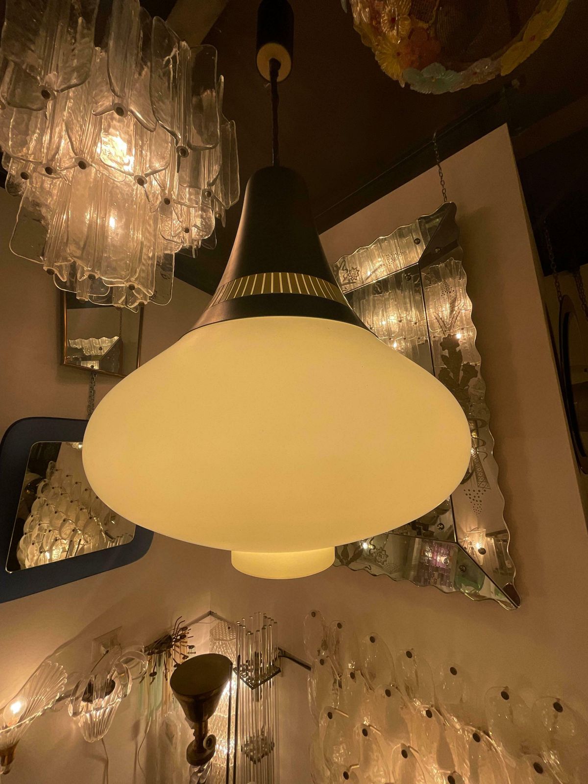 Stilnovo   60's Chandelier   3 Stratus Opaline Glass   Made In Itali photo for sale