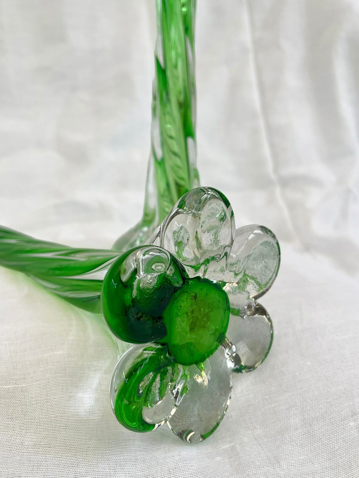 A Pair Of Uranium Green French Vintage Twist Stem Vases. Art Glass Flower Sleeves, Circa 1950. photo vintage