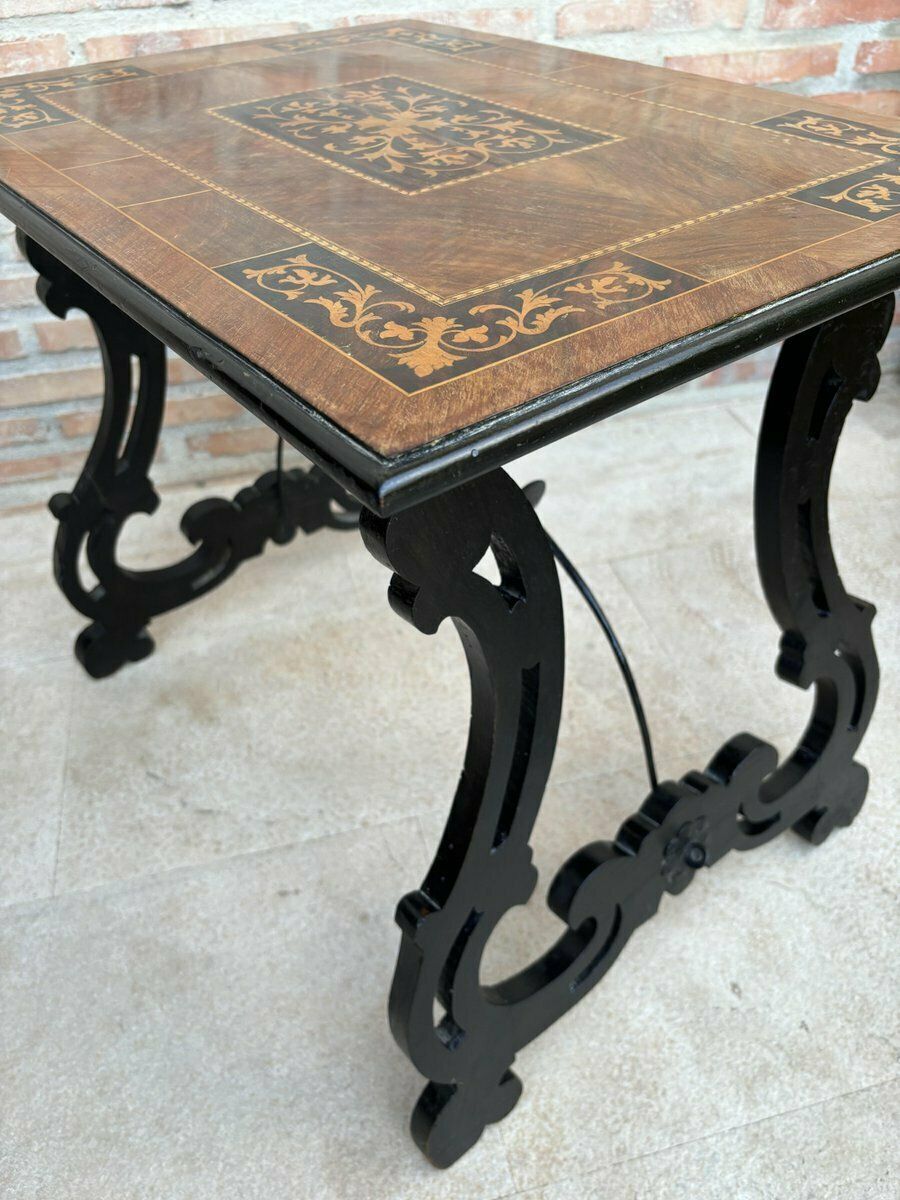 Spanish Baroque Side Table With Lyre Legs And Marquetry Top, 1850 photo buy