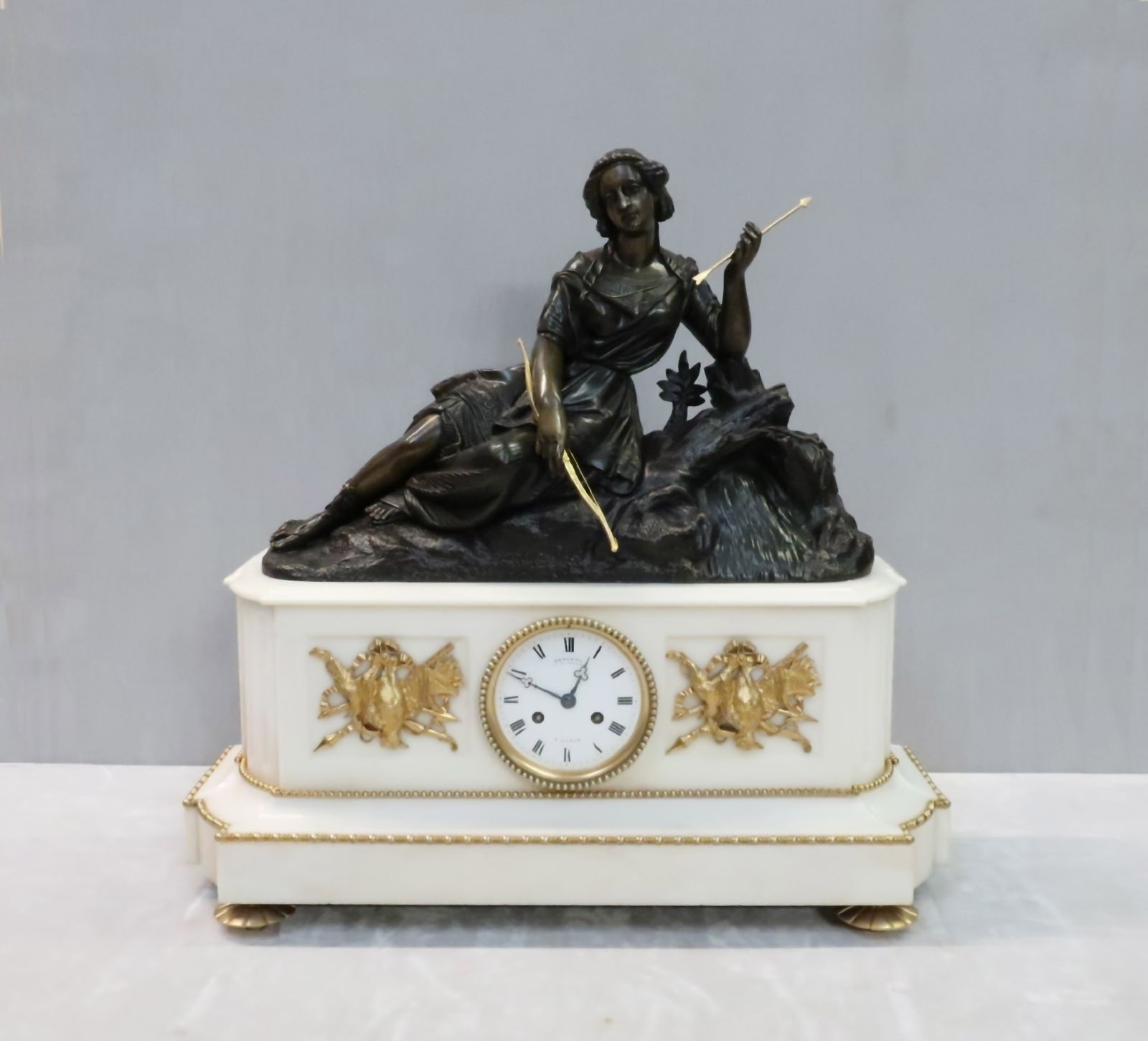French Victorian Bronze Mantel Clock By Deniere And Cailleaux