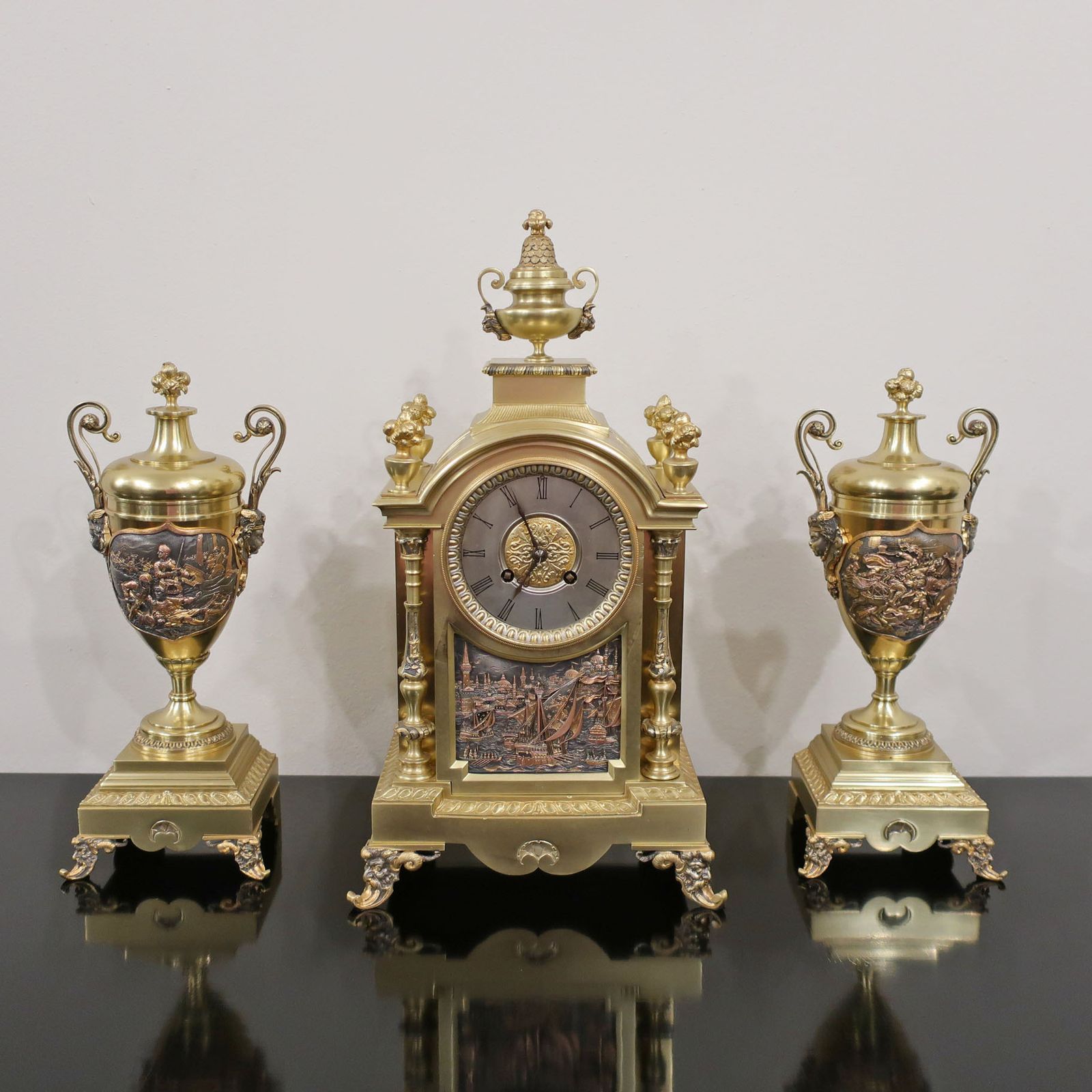 French Brass & Gilt Antique Mantel Clock Set By A.D Mougin