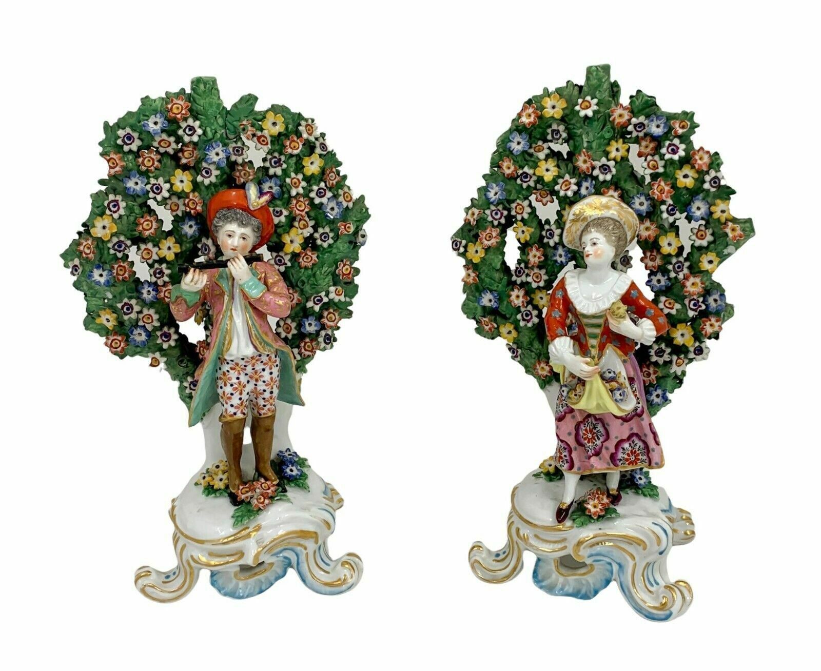 A Pair Of 18th Century Chelsea – Derby Bocage Porcelain Figurines.
