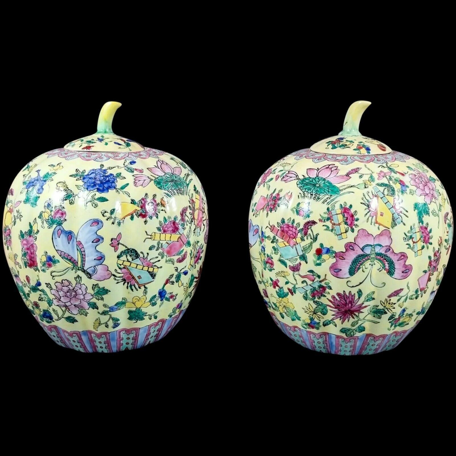 Guangxu Chinese Famille Jaune Melon Ginger Jars Lotus Flowers, Qianlong Red Mark