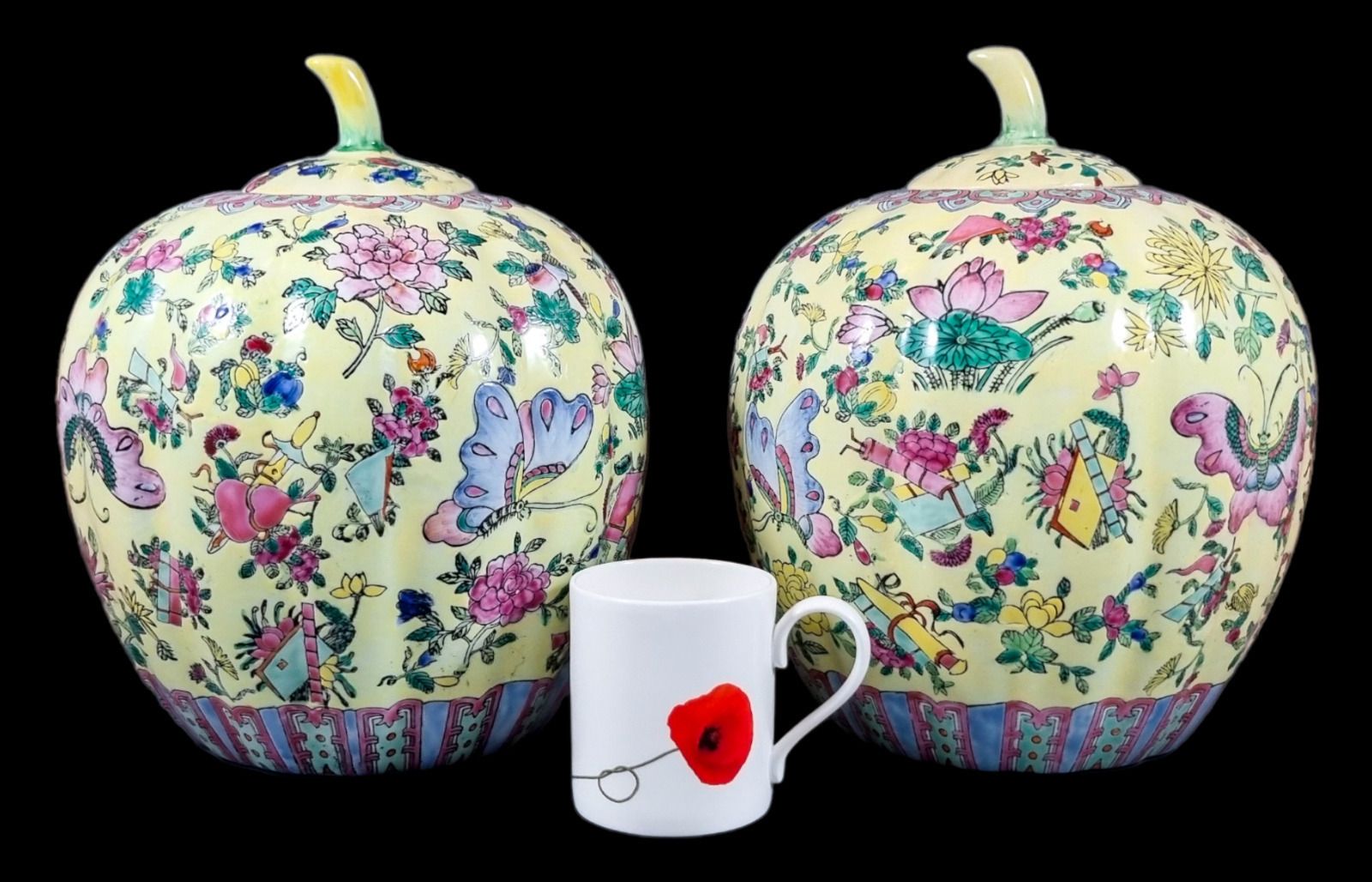 Guangxu Chinese Famille Jaune Melon Ginger Jars Lotus Flowers, Qianlong Red Mark photo vintage
