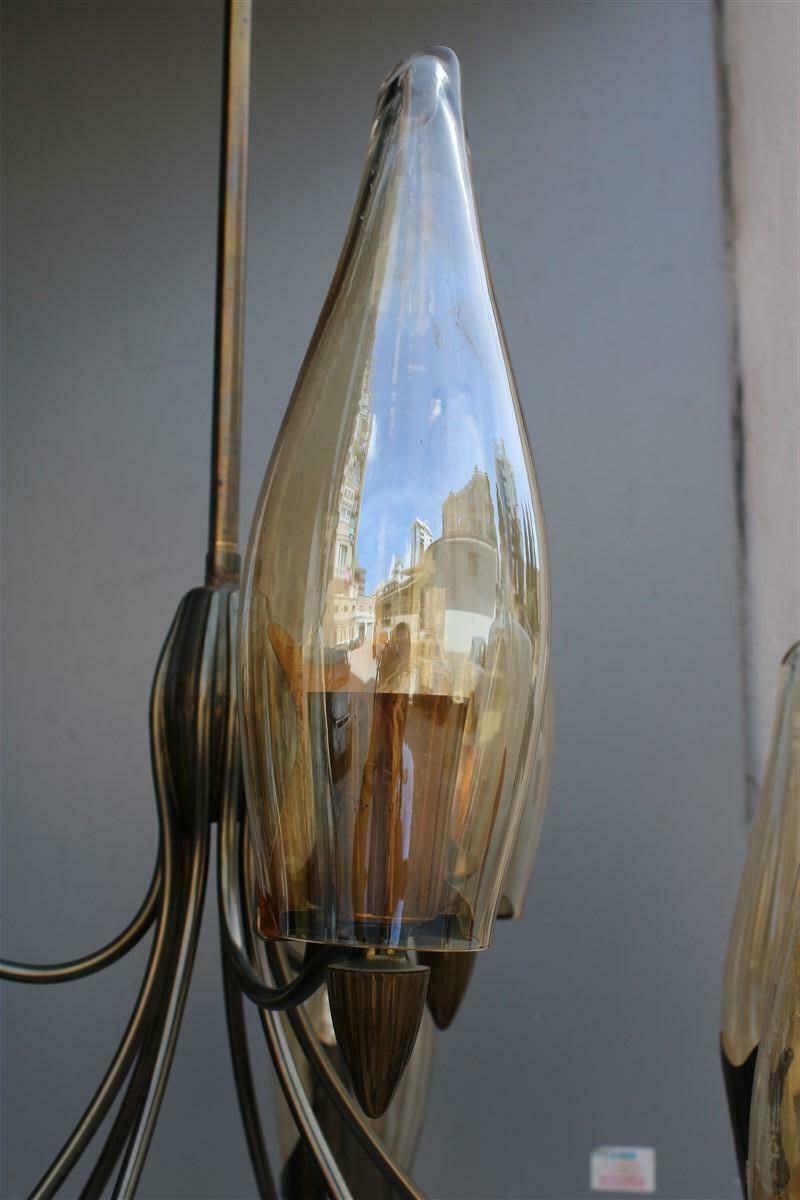 Mid Century Italian Design Chandelier In Brass And Glass Arredoluce Style photo vinterior