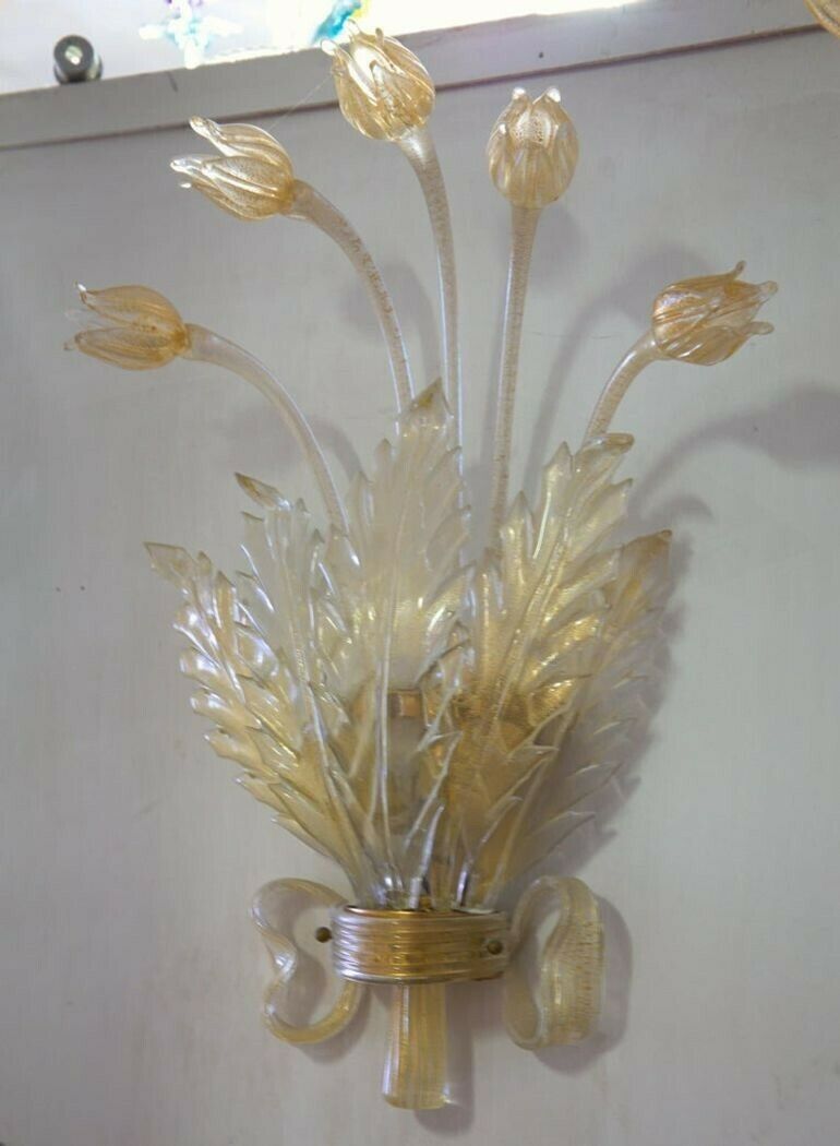 Seguso Pair Of Sconces, Murano Glass With Gold Leaf, Tulips, Leaves And Bow Deco photo furniture