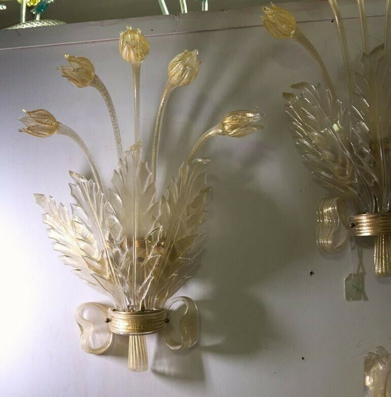 Seguso Pair Of Sconces, Murano Glass With Gold Leaf, Tulips, Leaves And Bow Deco photo Lighting