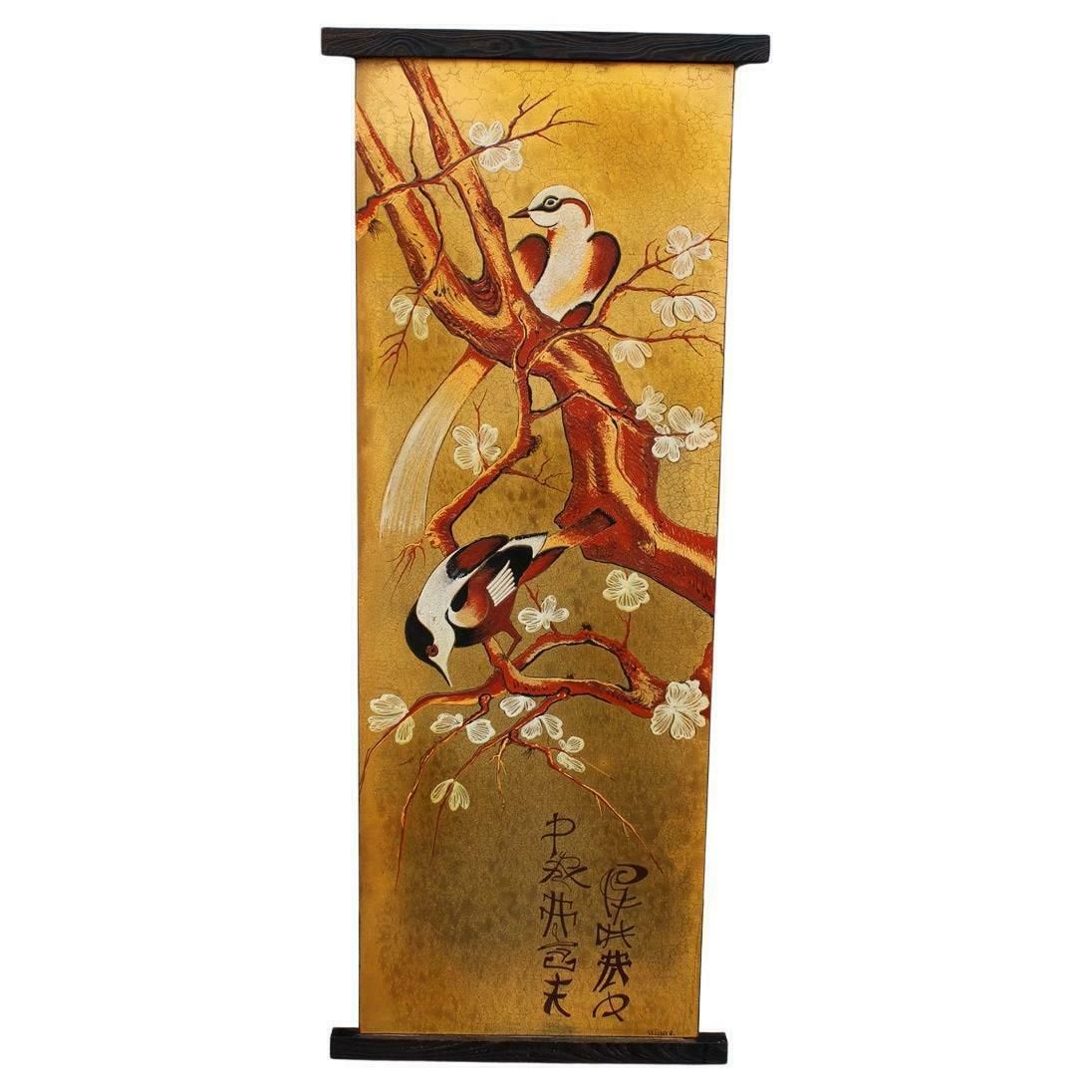 Asian Decorative Panel Birds Almond Blossom Enamel On Metal Italy