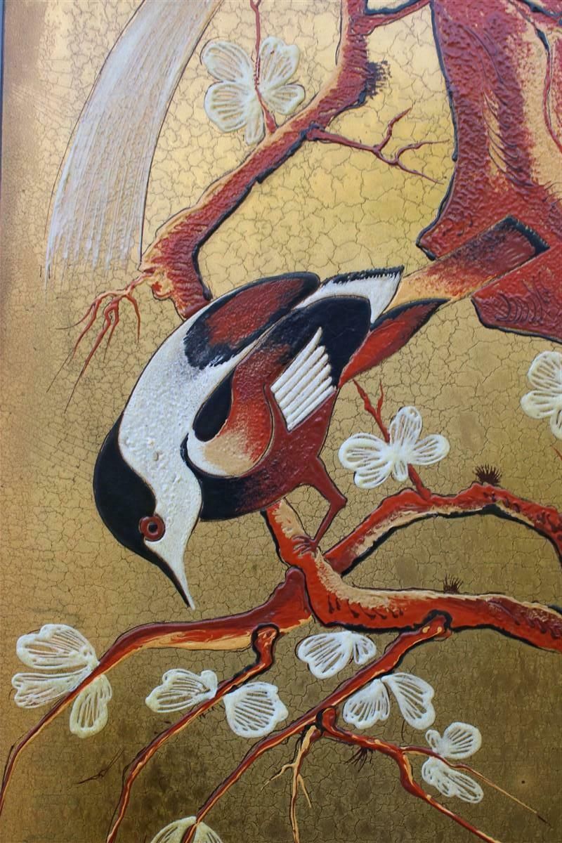 Asian Decorative Panel Birds Almond Blossom Enamel On Metal Italy photo Art