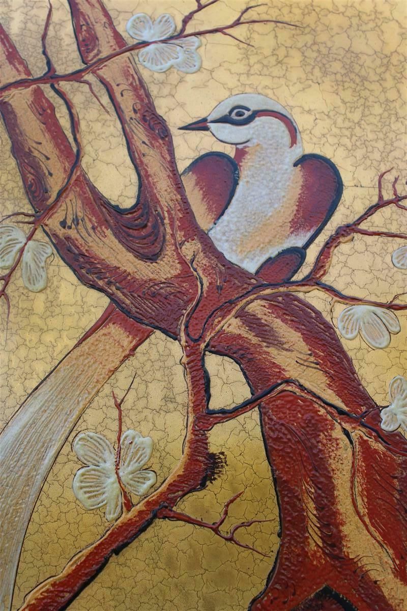 photo for sale Asian Decorative Panel Birds Almond Blossom Enamel On Metal Italy