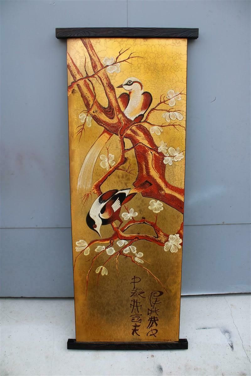 Art Asian Decorative Panel Birds Almond Blossom Enamel On Metal Italy photo