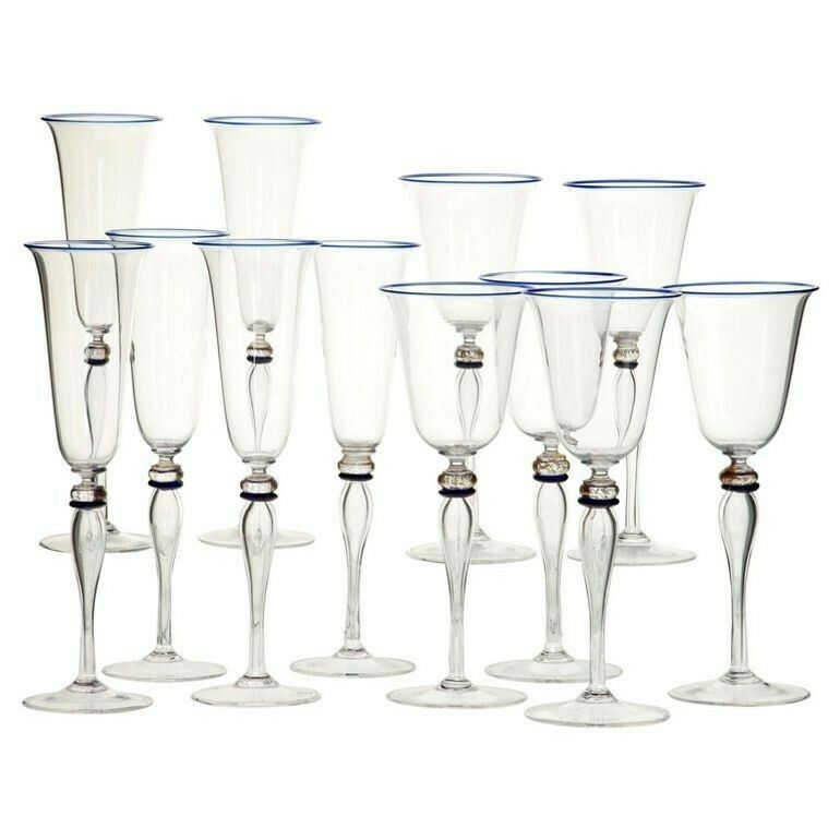 Set 6 Flutes And 6 Stem Glass Cenedese Murano Cobalt And Gold Accents, 80s