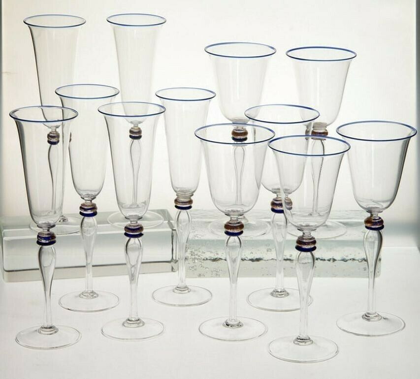 Set 6 Flutes And 6 Stem Glass Cenedese Murano Cobalt And Gold Accents, 80s photo buy