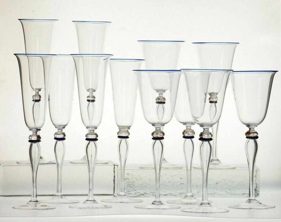 Set 6 Flutes And 6 Stem Glass Cenedese Murano Cobalt And Gold Accents, 80s photo vintage