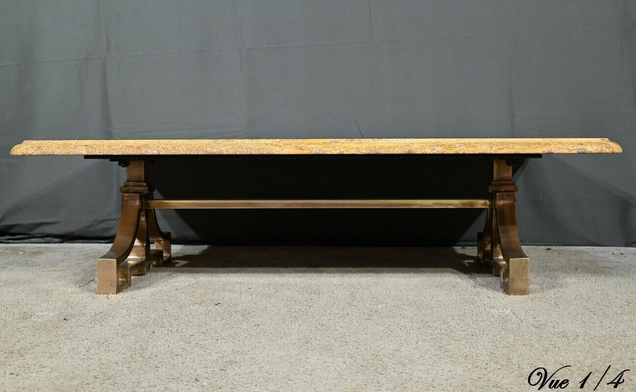 photo for sale Brass And Travertine Coffee Table, Art Deco Period – 1930