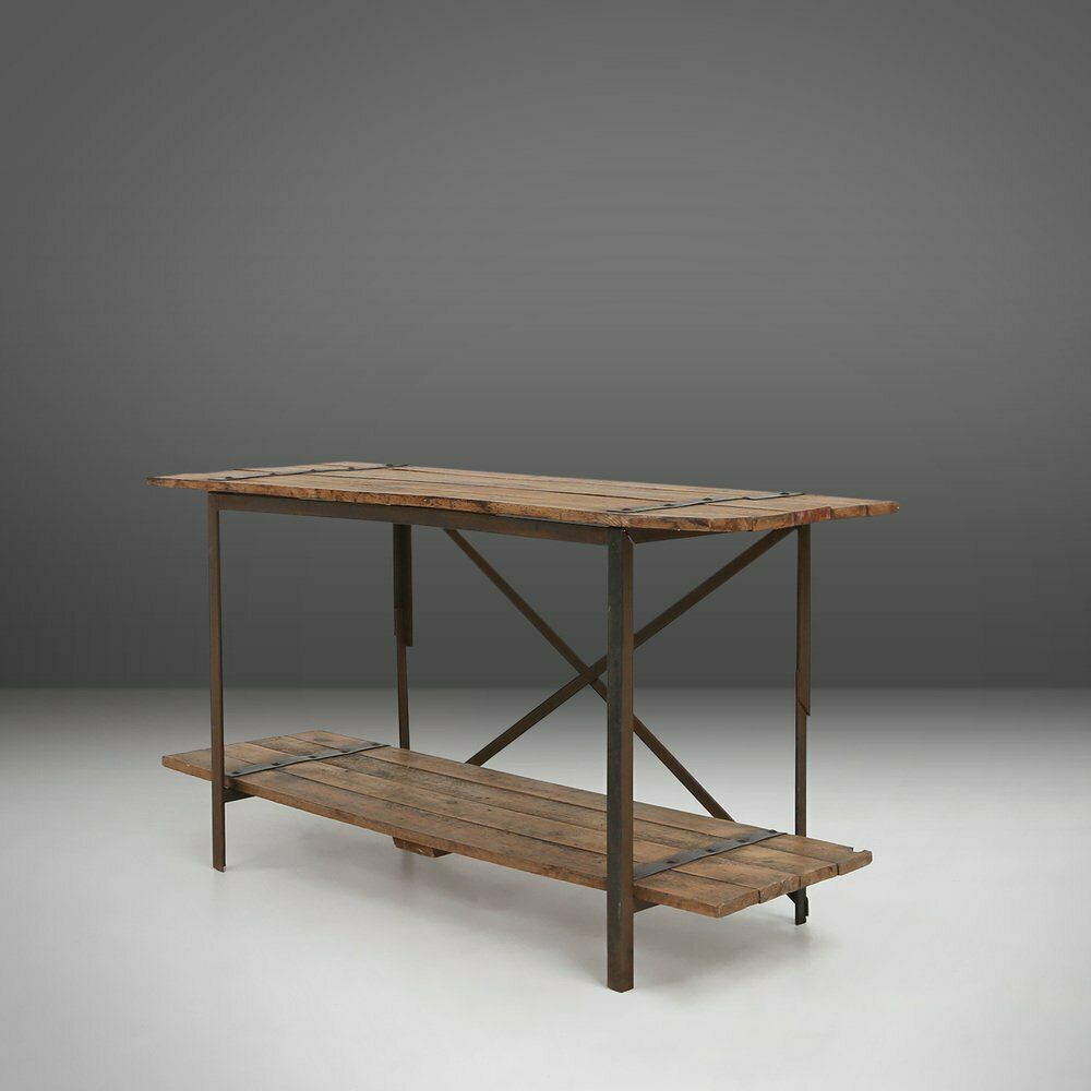 Industrial Side Table With Metal Frame And Wooden Top And Removable Platform, Belgium, 1920s