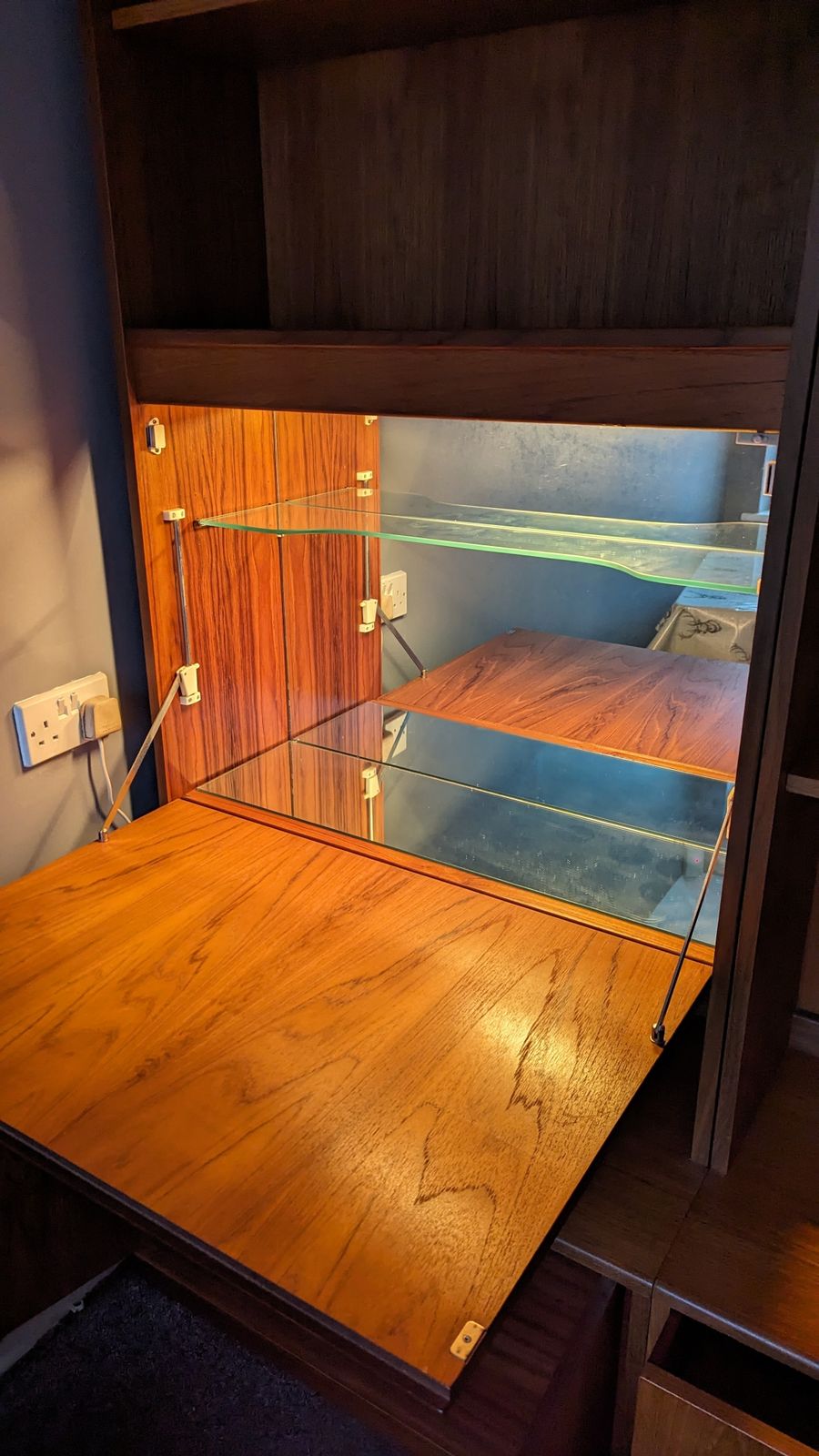 Reduced!!! 3 X G Plan Matching Tall Cabinets   All In Beautiful Condition With Original Lights Working. 1 X Bureau, 1 X Bar, 1 X Glass And Cutlery photo vinterior