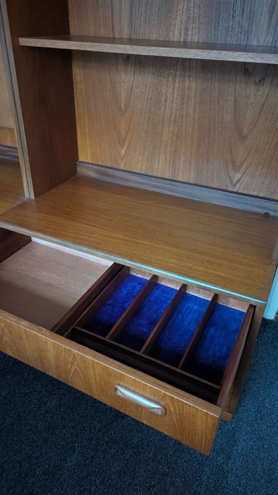 Reduced!!! 3 X G Plan Matching Tall Cabinets   All In Beautiful Condition With Original Lights Working. 1 X Bureau, 1 X Bar, 1 X Glass And Cutlery photo vintage