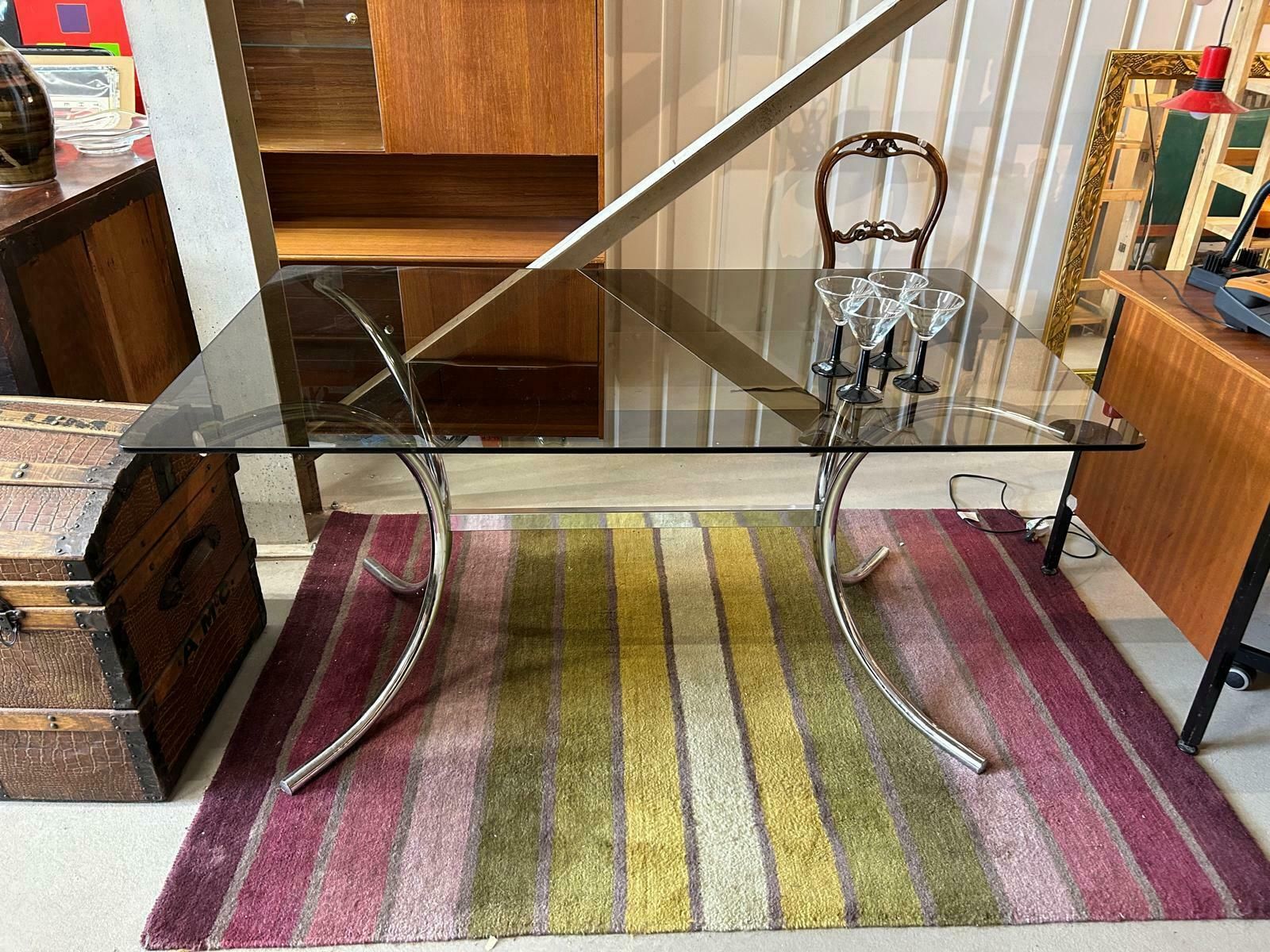 1980s Marcel Breuer Style Chrome And Smoked Glass Dining Table