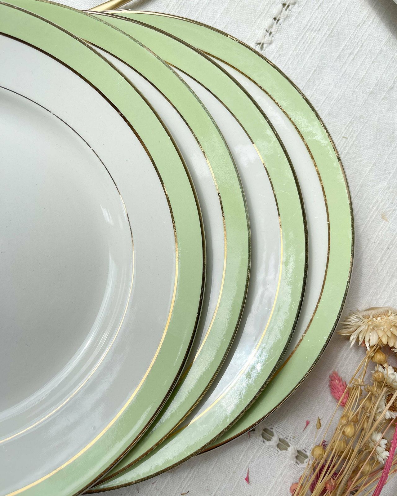 6 Vintage French Flat Plates Orchies "Villars" 1950 White Green Gold   French Flat Plates   Vintage French Tableware photo furniture
