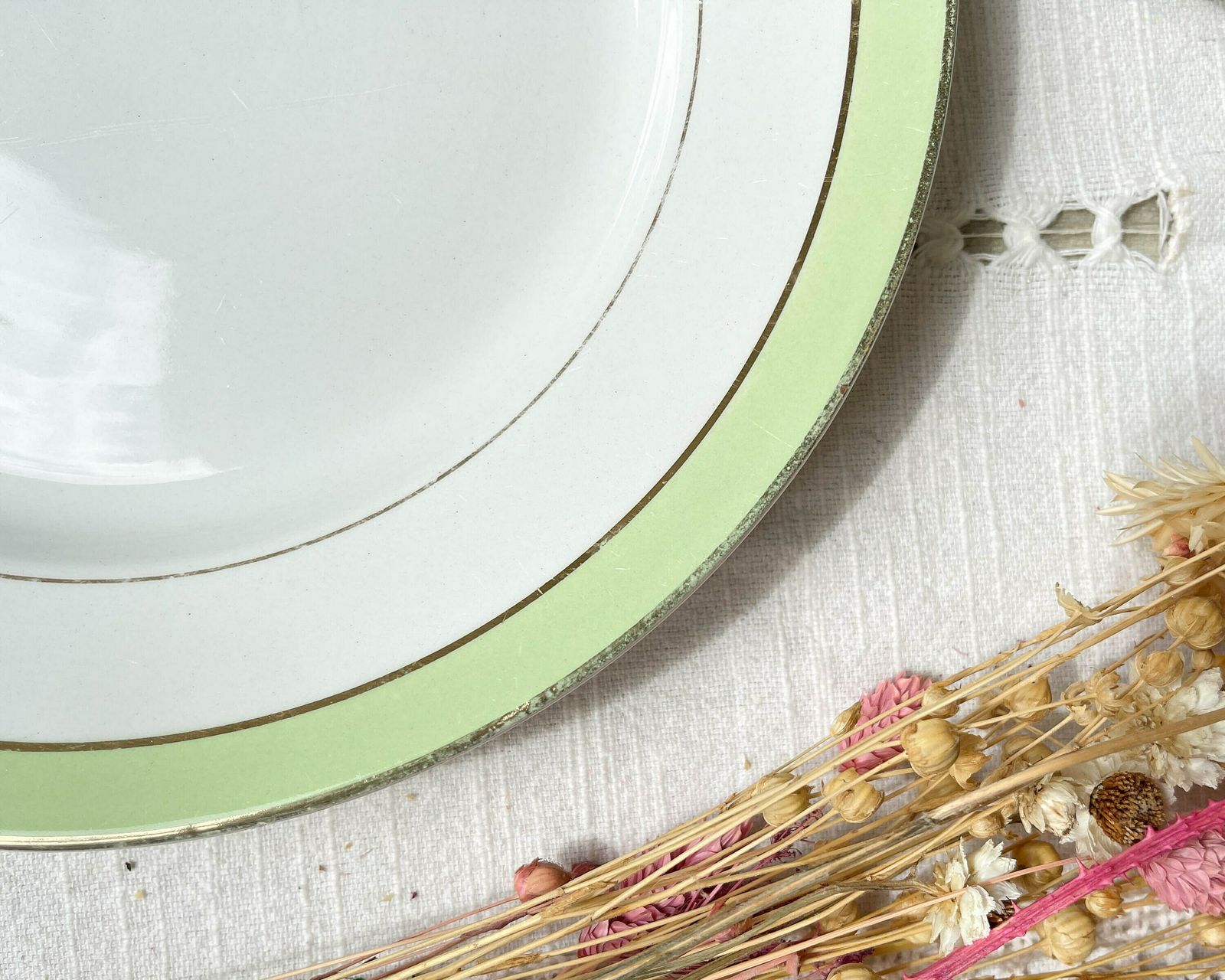 6 Vintage French Flat Plates Orchies "Villars" 1950 White Green Gold   French Flat Plates   Vintage French Tableware photo buy