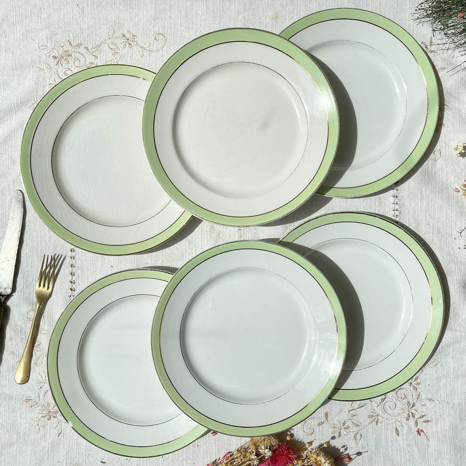 6 Vintage French Flat Plates Orchies "Villars" 1950 White Green Gold   French Flat Plates   Vintage French Tableware photo vintage