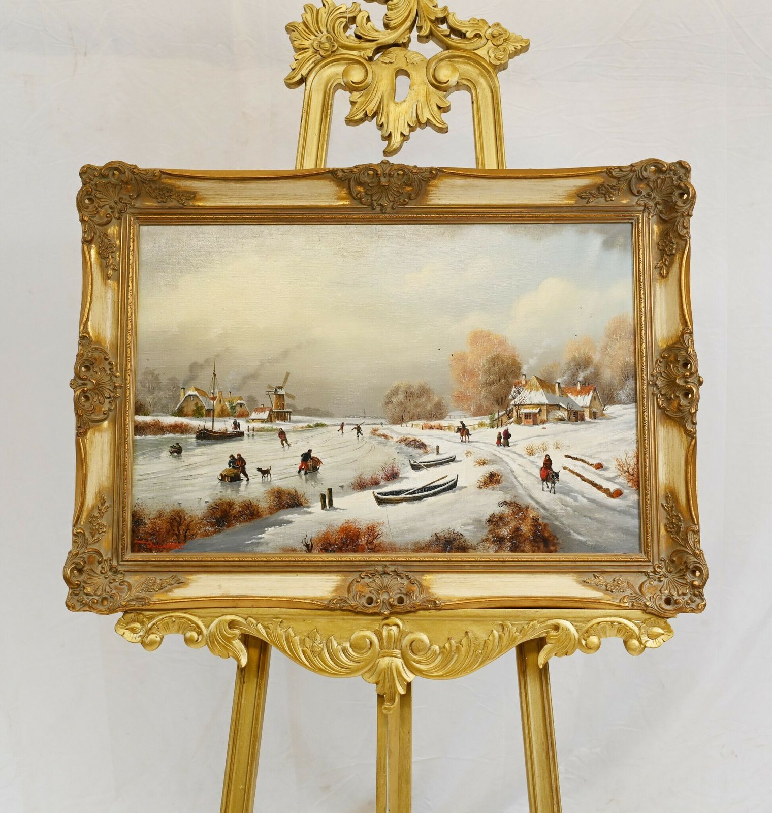 Flemish Oil Painting Winter Snow Landscape Gilt photo furniture