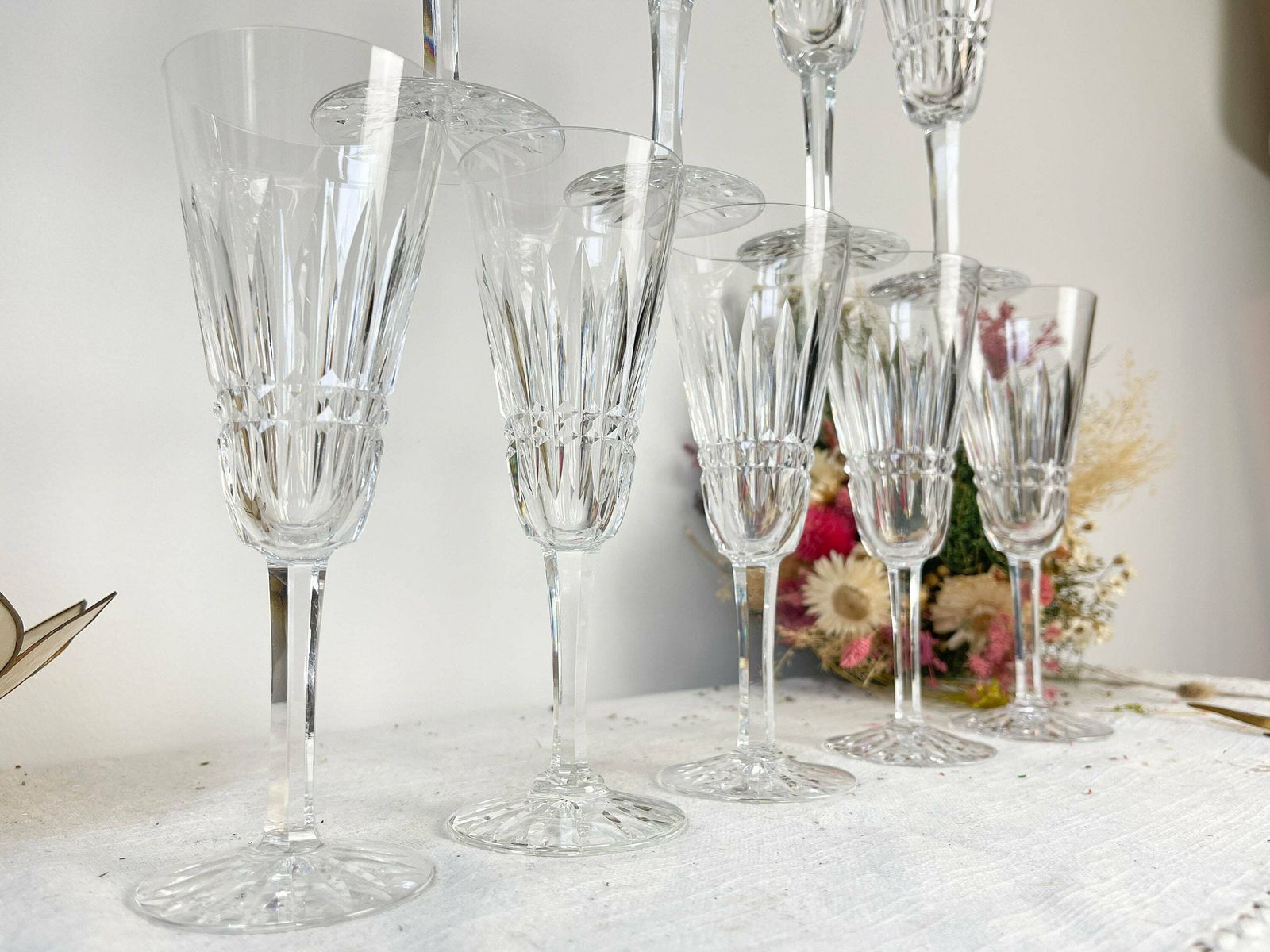 9 French Chiseled Crystal Flutes   Crystal Stemmed Glasses   Vintage Champagne Glasses   Crystal Glasses   20th Century photo for sale
