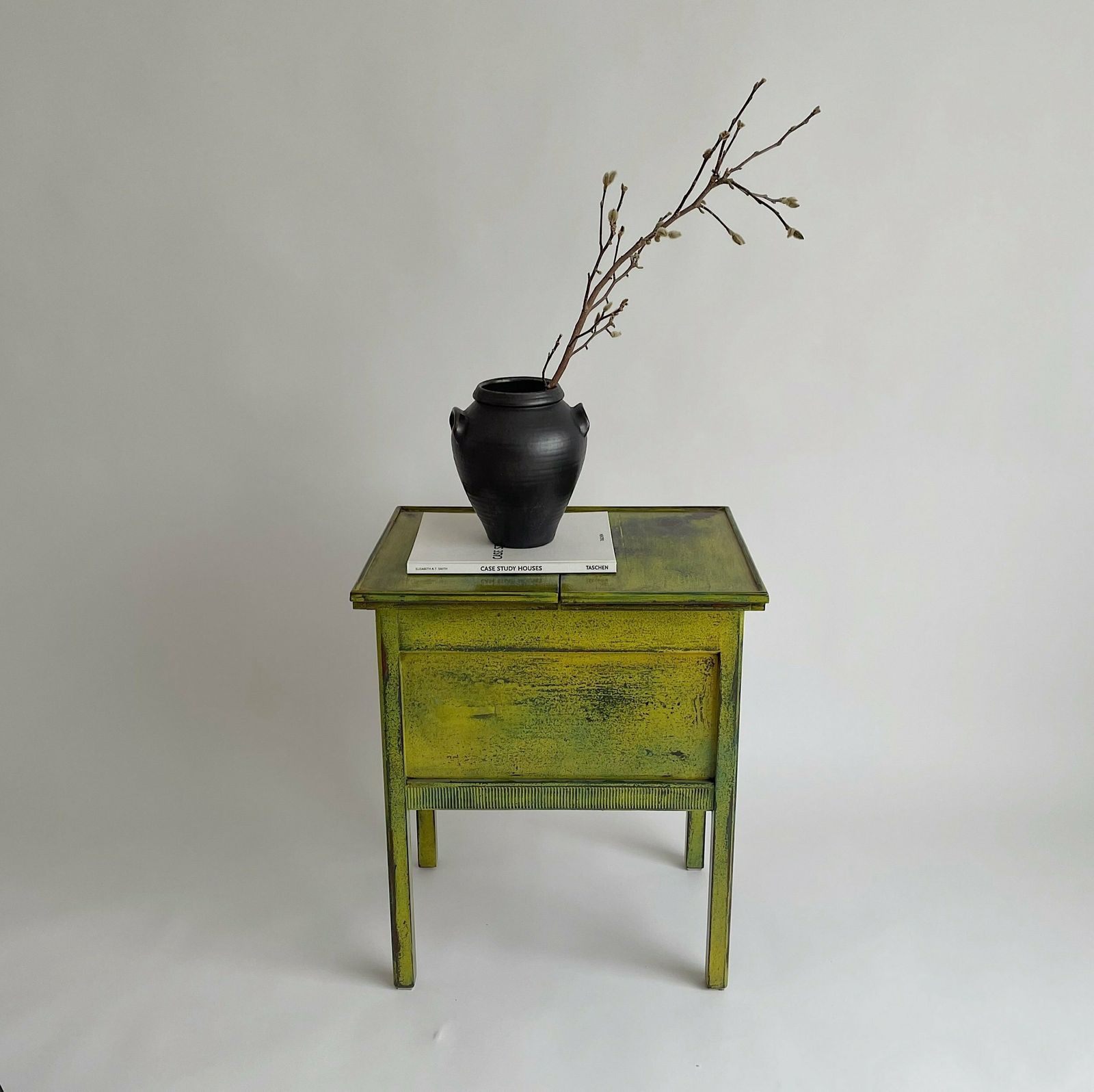 Reworked Antique Sewing Box Side Table With Vibrant Lacquered Finish And Gold Hardware
