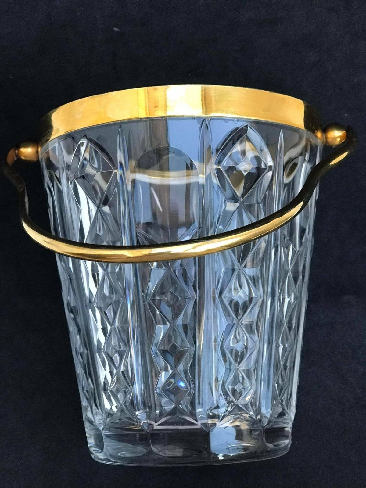 Ice Bucket Val Saint Lambert Heavy Cut Crystal With Golden Metal Handles Mid Century Barware Mixology Tools Bar Cart Hollywood Regency photo for sale