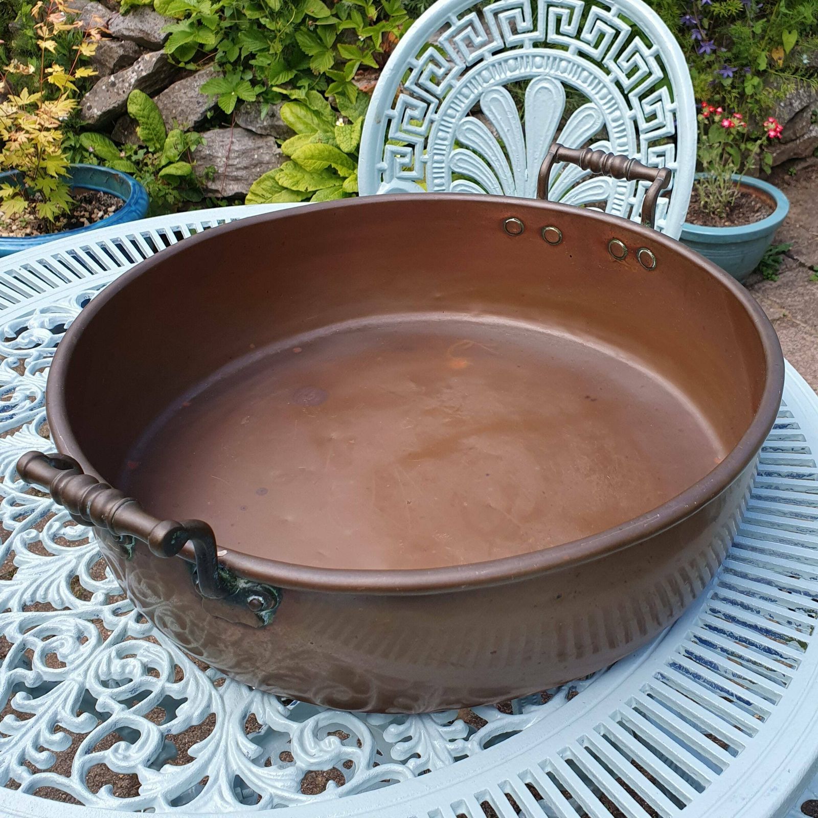 A Magnificent 17 Inch (43cm) Antique Roll Top Copper Jam Pan   Decorative Piece, Kitchen Storage, Planter, Drinks Tidy, Early 20th Century photo for sale