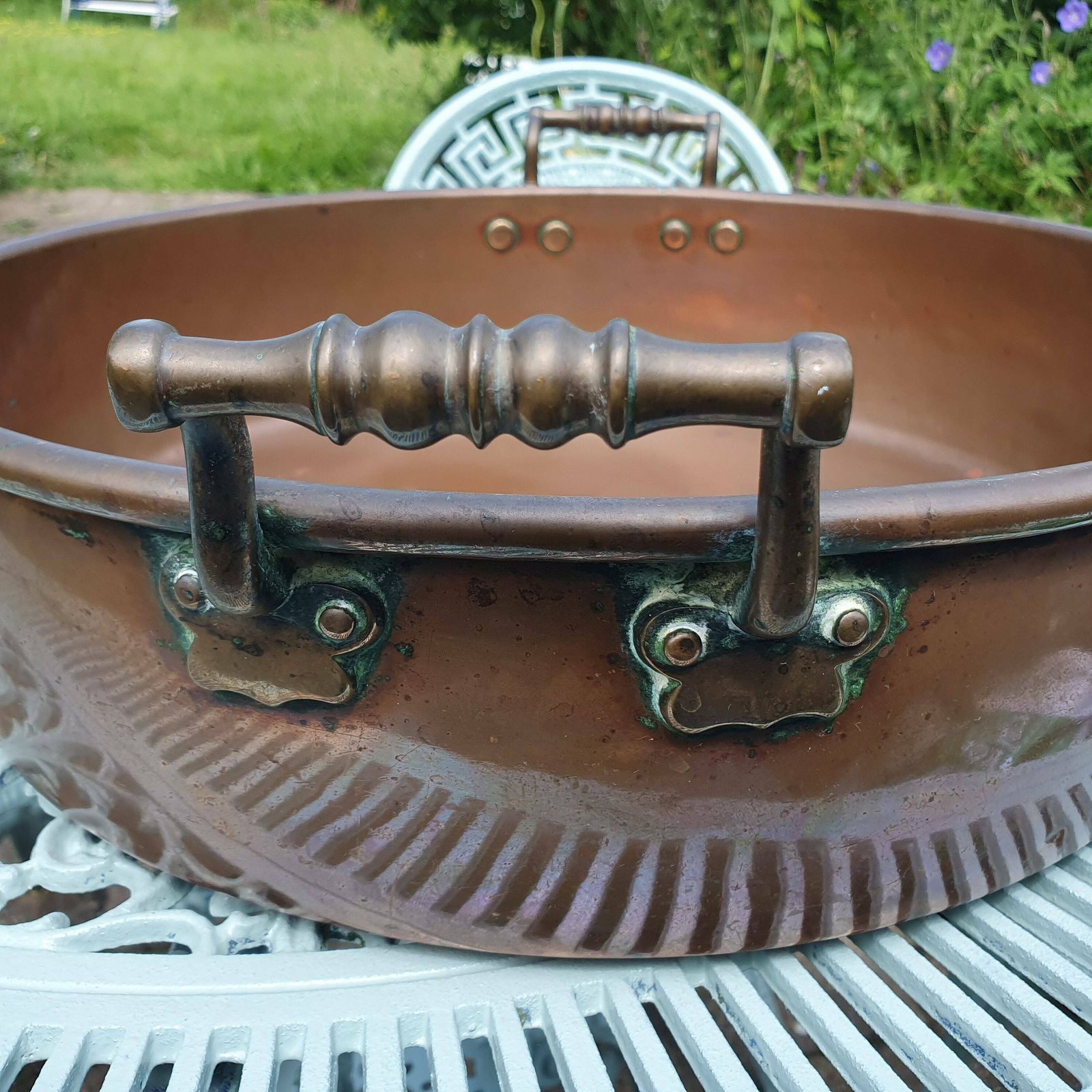 A Magnificent 17 Inch (43cm) Antique Roll Top Copper Jam Pan   Decorative Piece, Kitchen Storage, Planter, Drinks Tidy, Early 20th Century photo Home Decor
