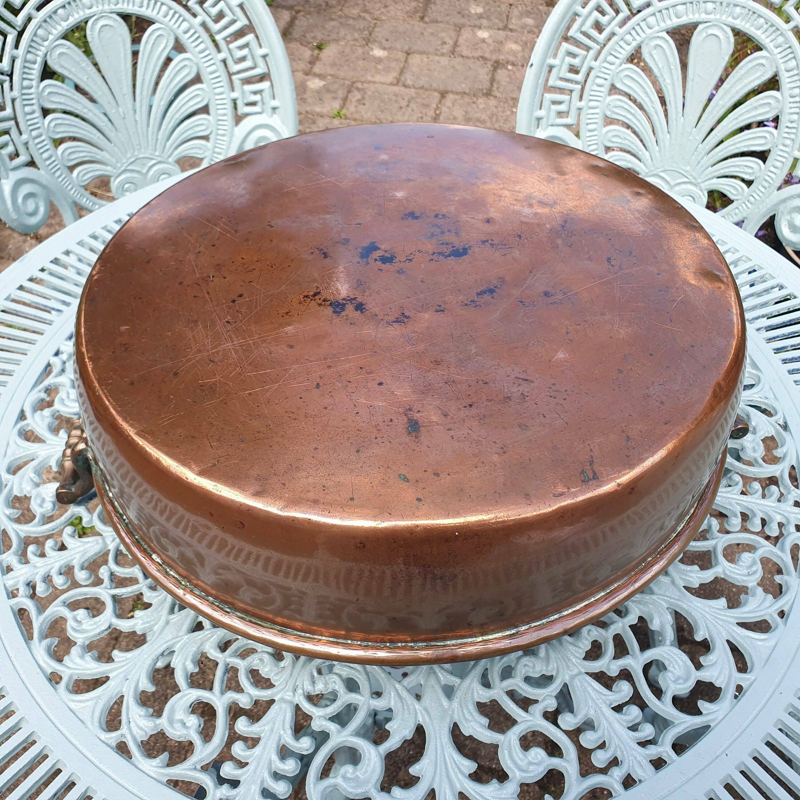 photo for sale A Magnificent 17 Inch (43cm) Antique Roll Top Copper Jam Pan   Decorative Piece, Kitchen Storage, Planter, Drinks Tidy, Early 20th Century