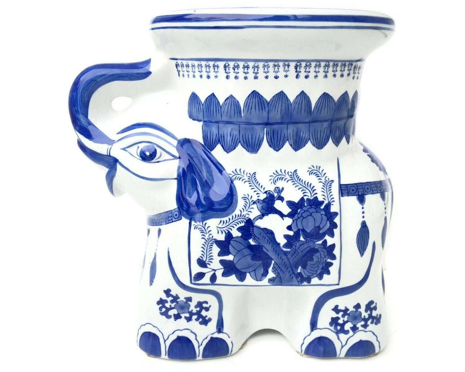 Blue White Ceramic Elephants | 2pcs Garden Stools | Vintage Plant Stand photo for sale