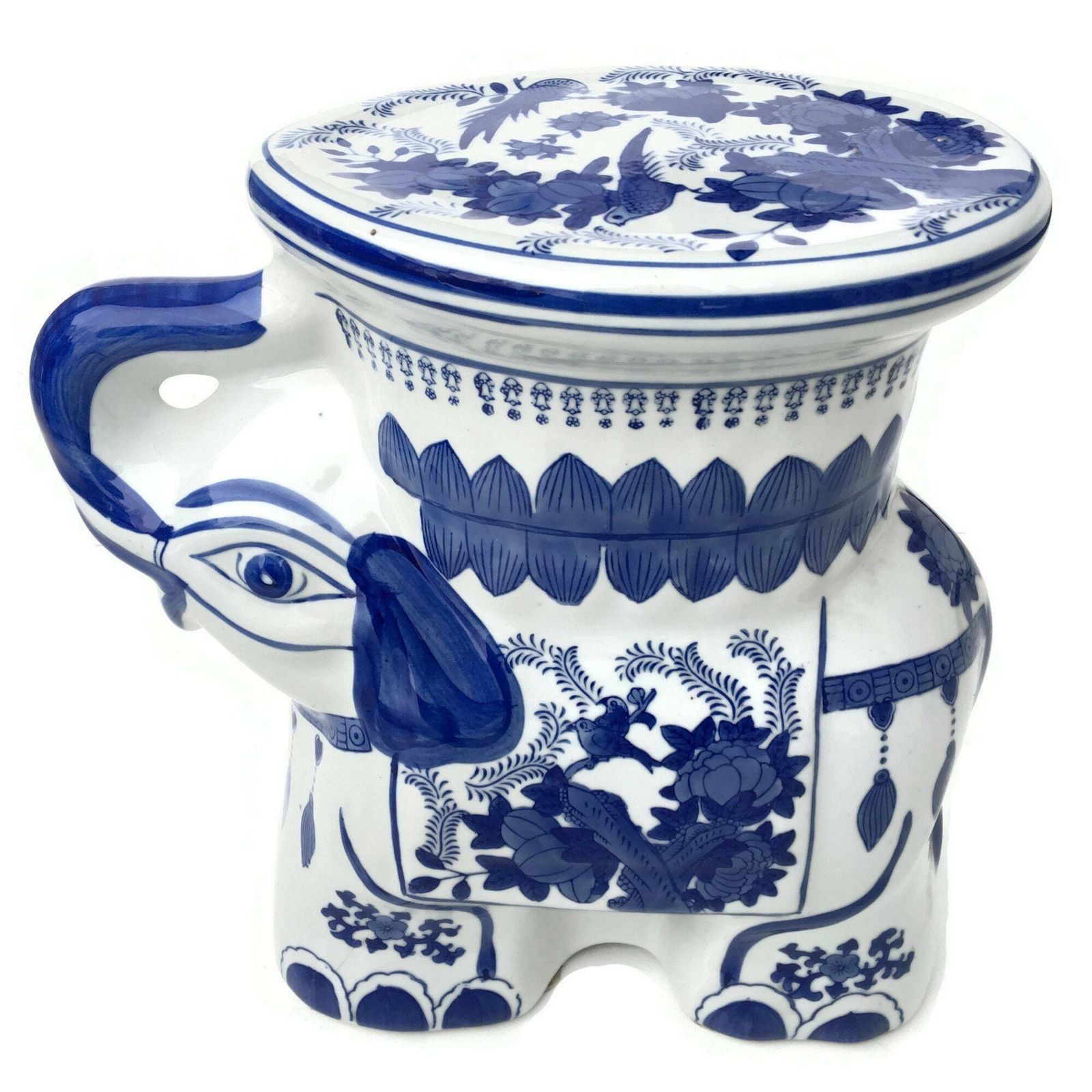 Blauw Witte Keramische Olifanten | 2 Tuinkrukjes | Vintage Plantenstandaard photo buy