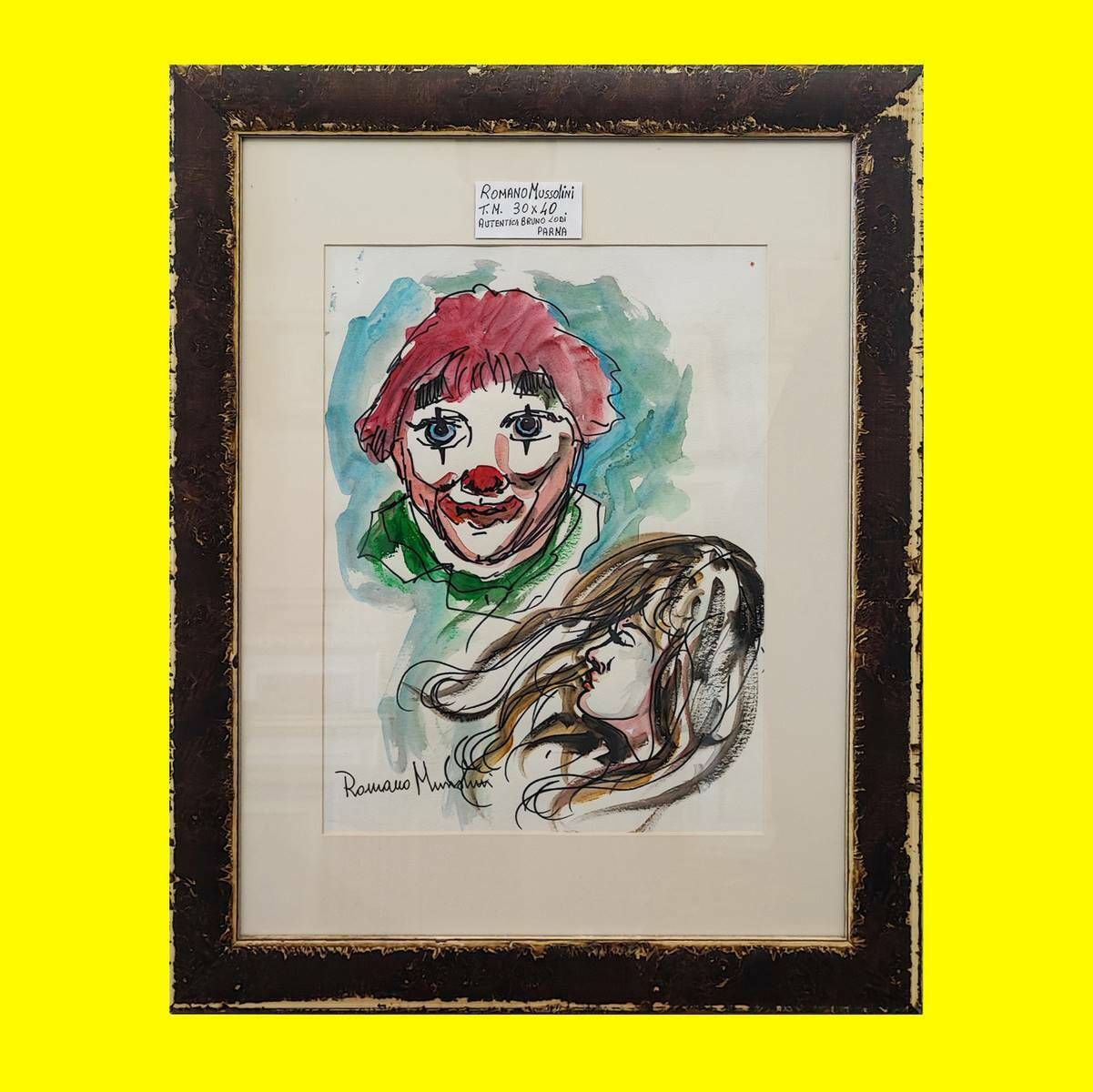 Work By Romano Mussolini Mixed Media, Clown And Girl