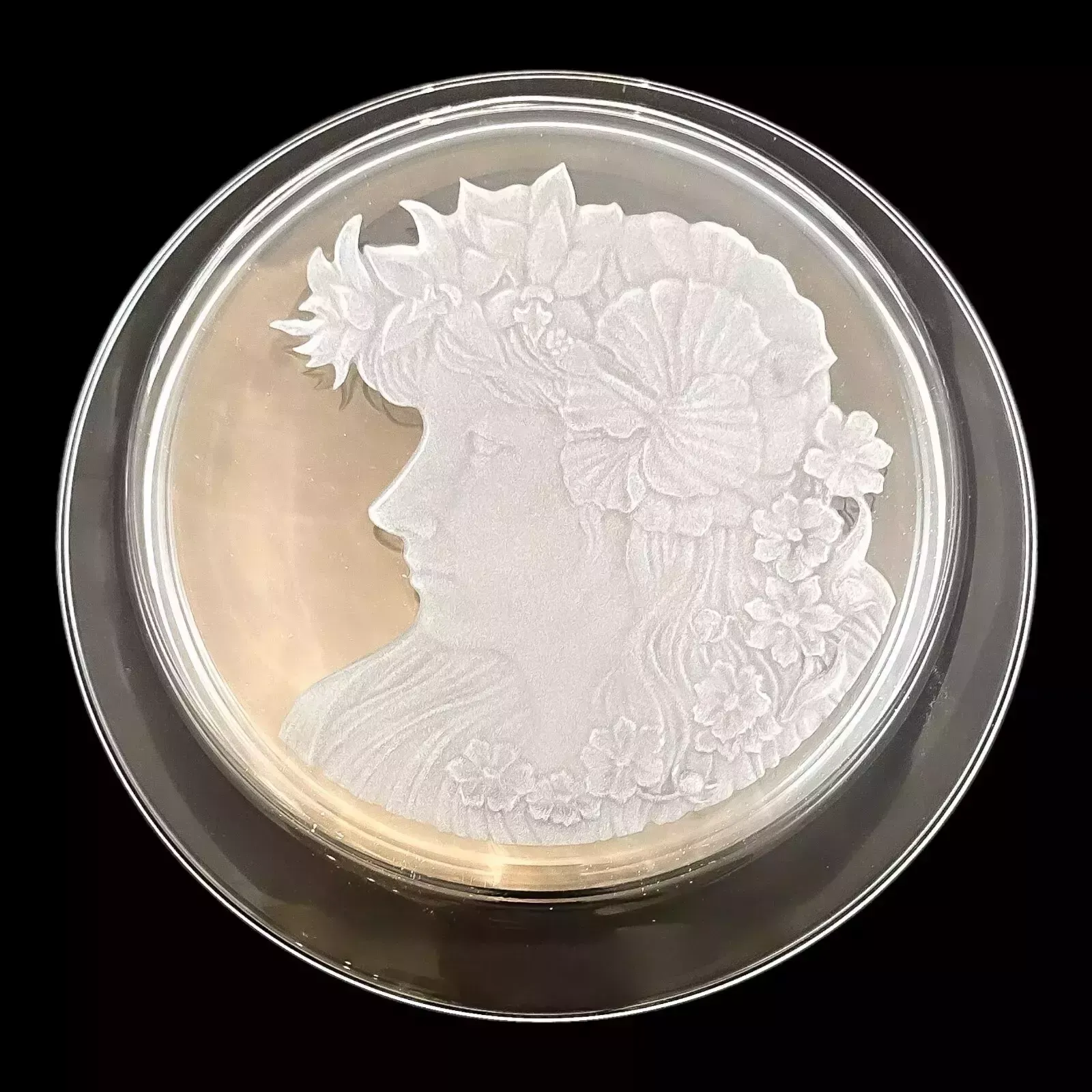 Art Nouveau French Decorative Crystal Tray; Silhouette Young Woman Flowing Hair photo for sale
