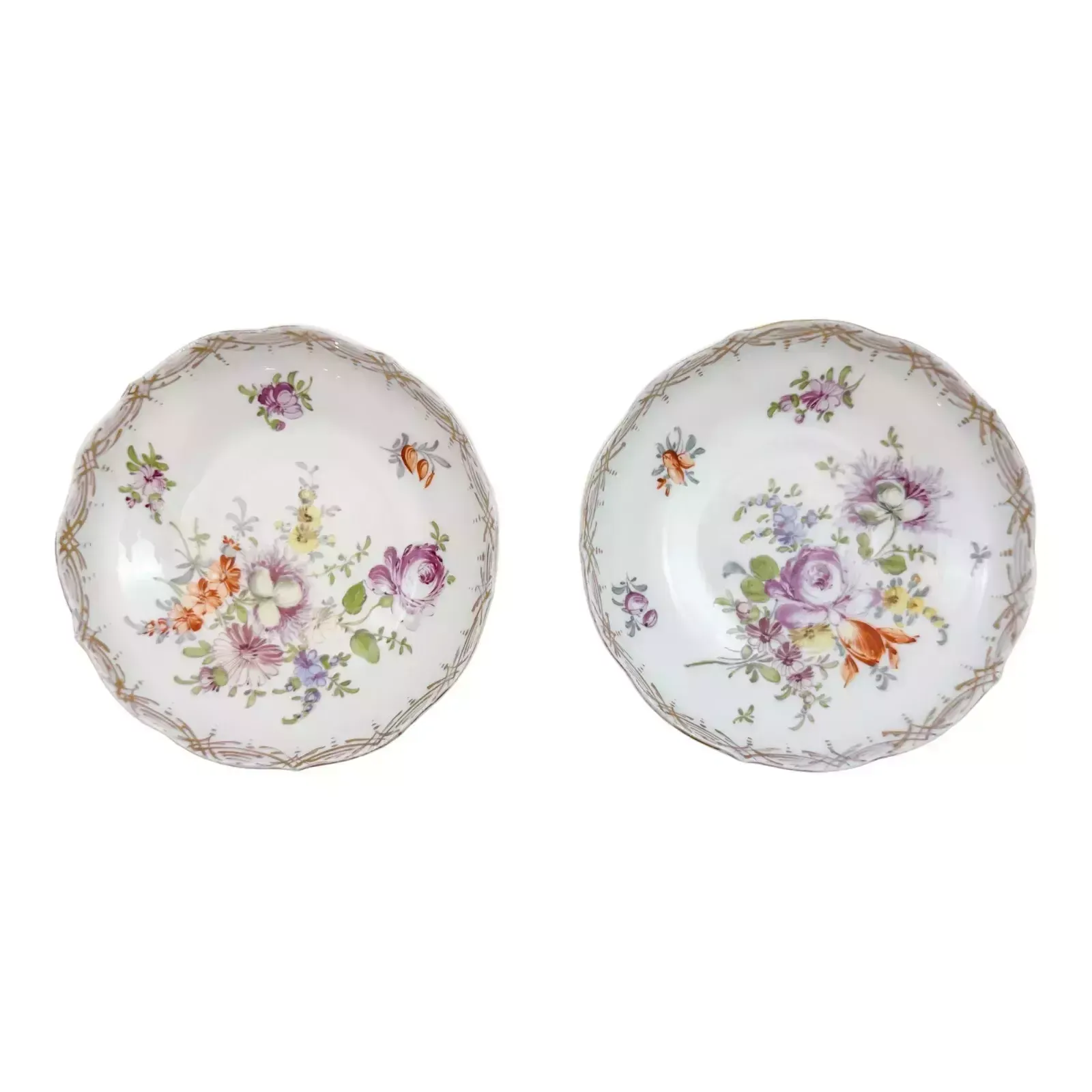 Antique 19th Century Meissen Porcelain Pair Small Floral Bowls, Gilt Scallop Rim
