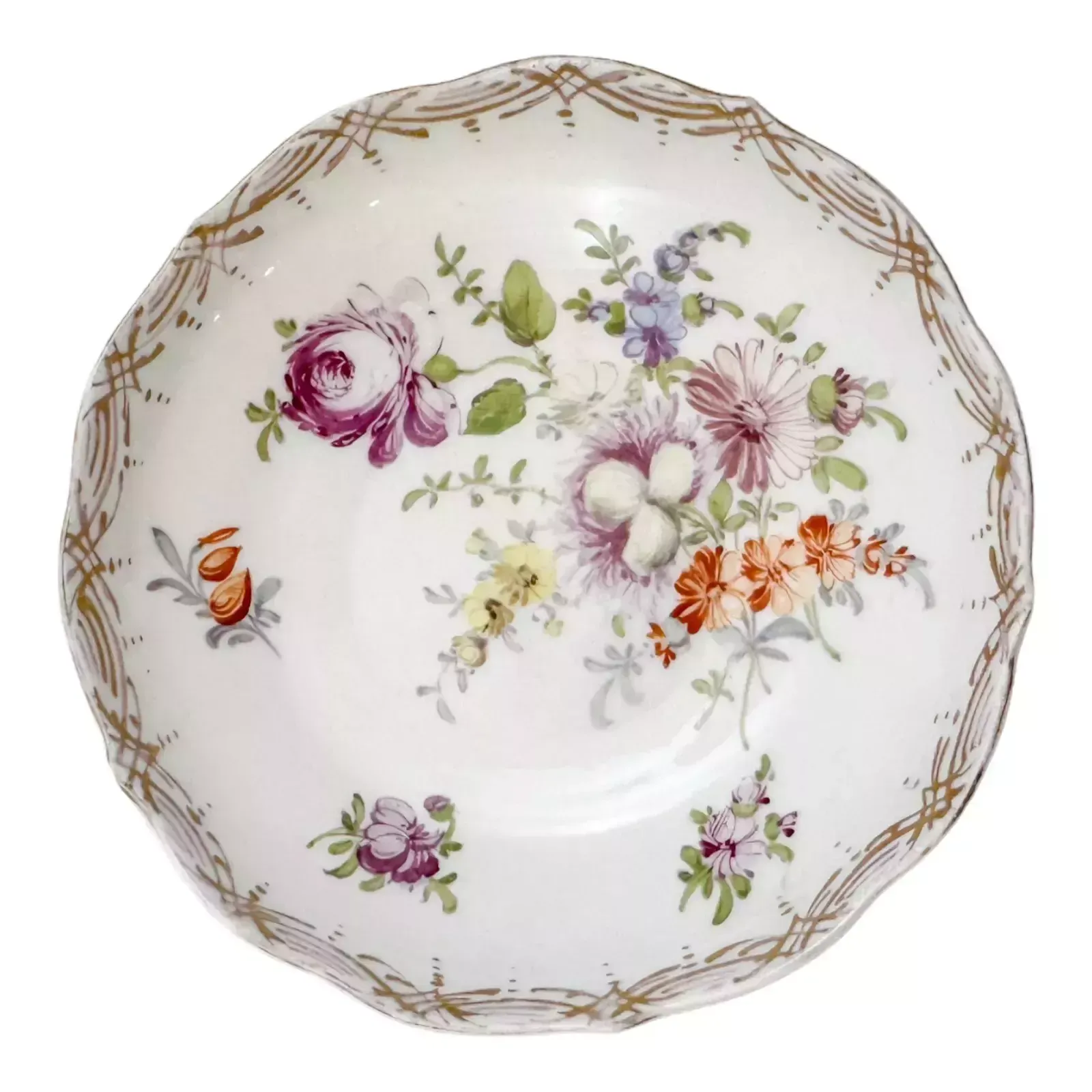 Antique 19th Century Meissen Porcelain Pair Small Floral Bowls, Gilt Scallop Rim photo Home Decor