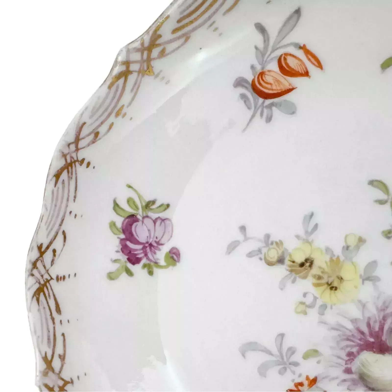 Home Decor Antique 19th Century Meissen Porcelain Pair Small Floral Bowls, Gilt Scallop Rim photo