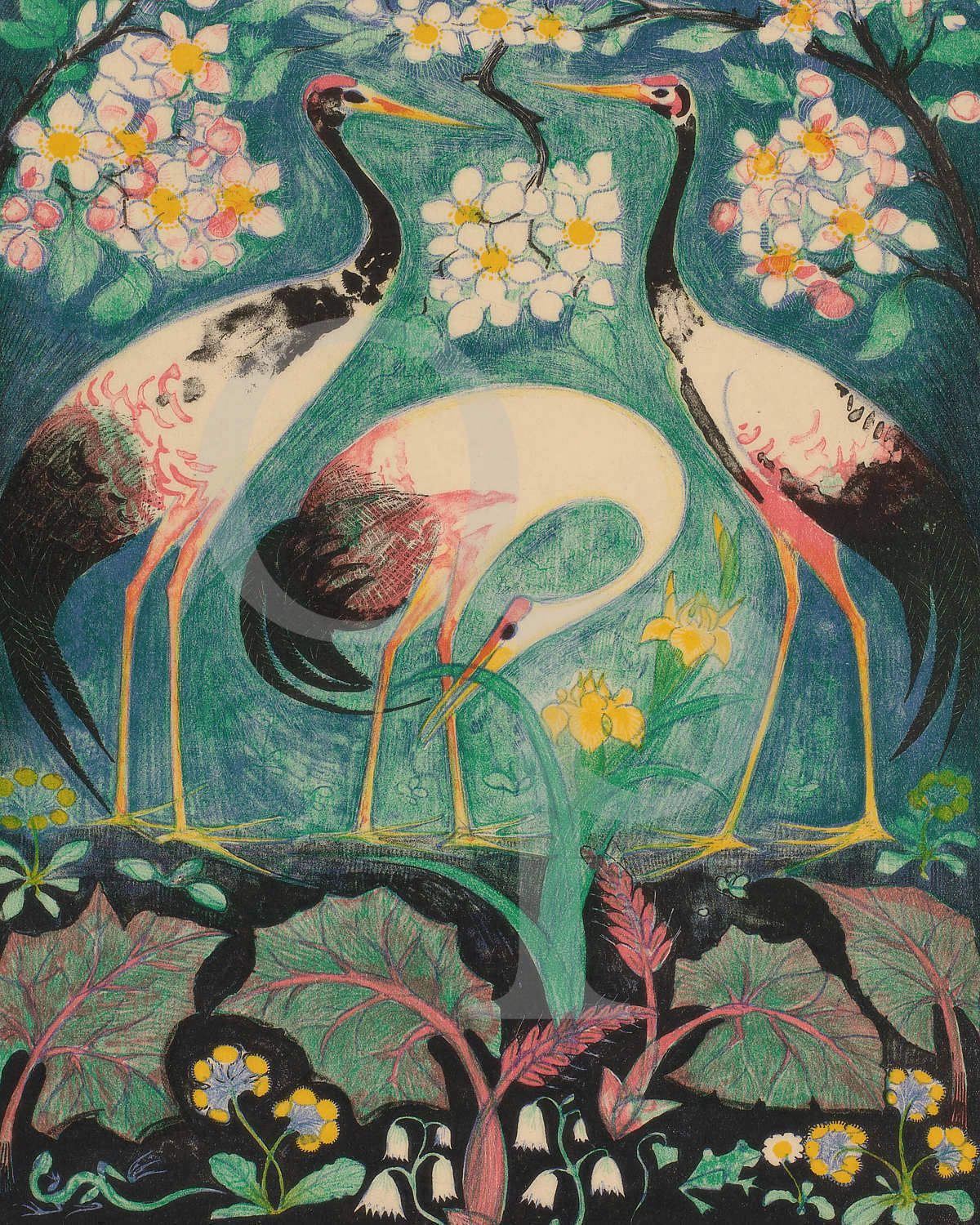 Large A1 Cotton Canvas Vintage Cranes Bird Wall Art Digital Print photo furniture