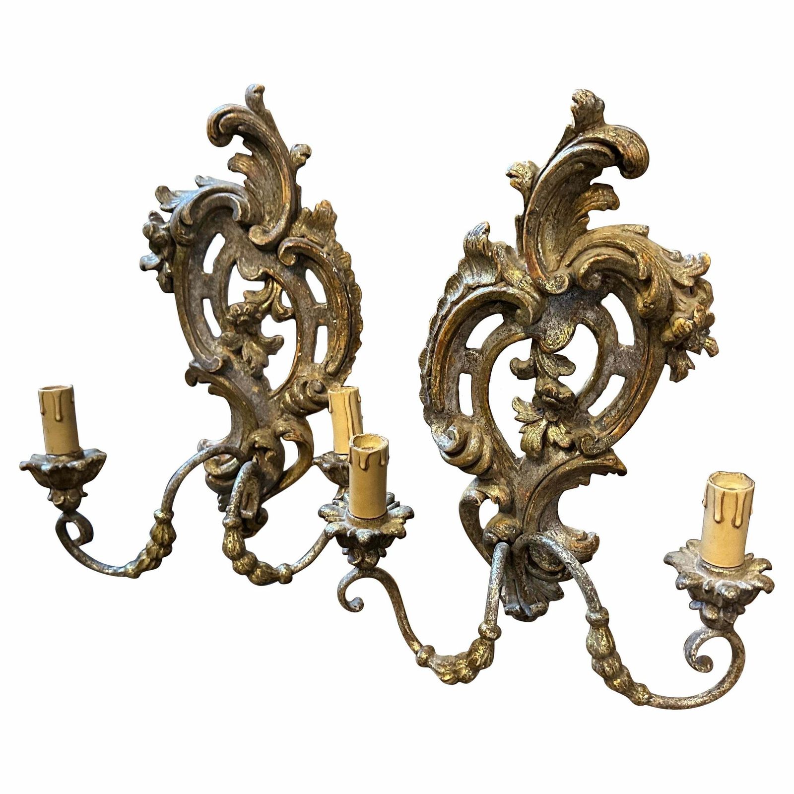 1900s Baroque Hand Carved Lacquered Wood And Iron Italian Wall Sconces
