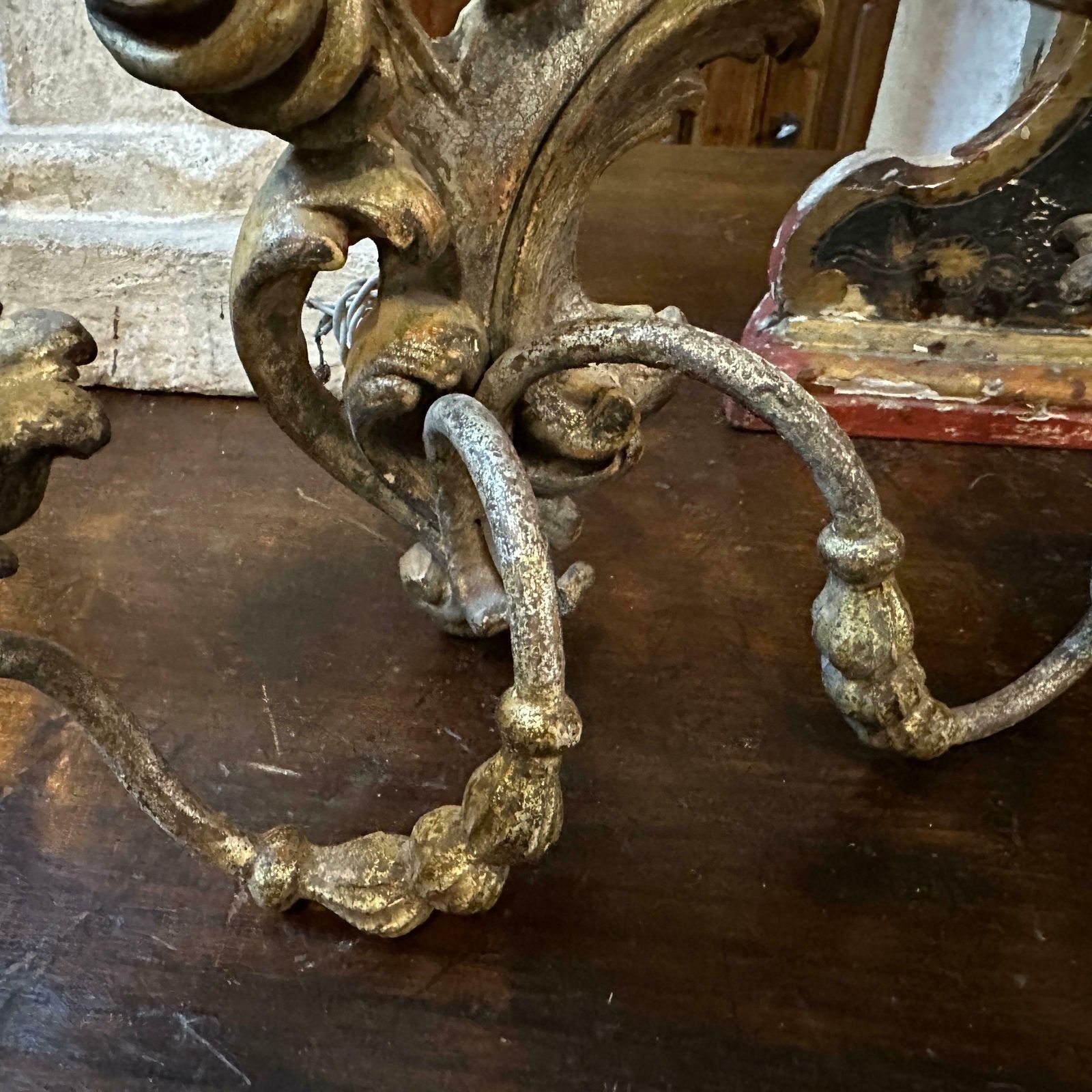 photo for sale 1900s Baroque Hand Carved Lacquered Wood And Iron Italian Wall Sconces