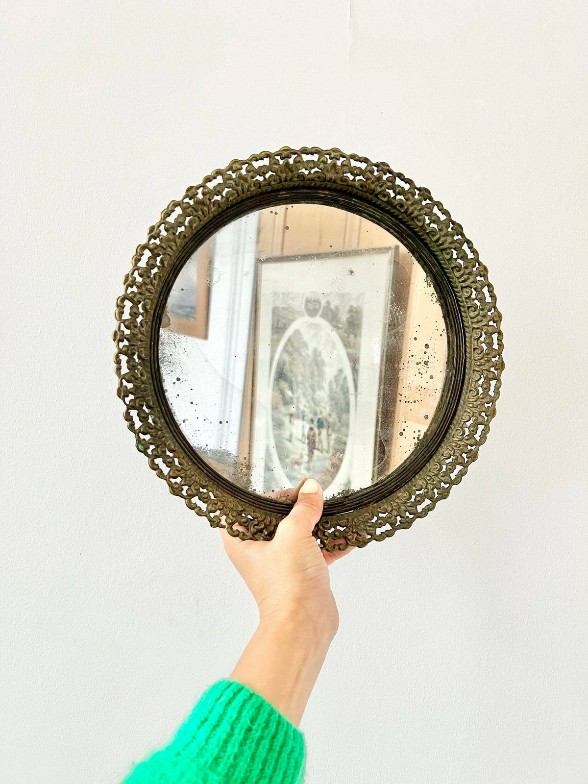 Round Antique Mirror Table Center Piece French Embossed Bronze Lace Tray Circular Footed Mercury Patina Platter Chateau Ormolu photo buy