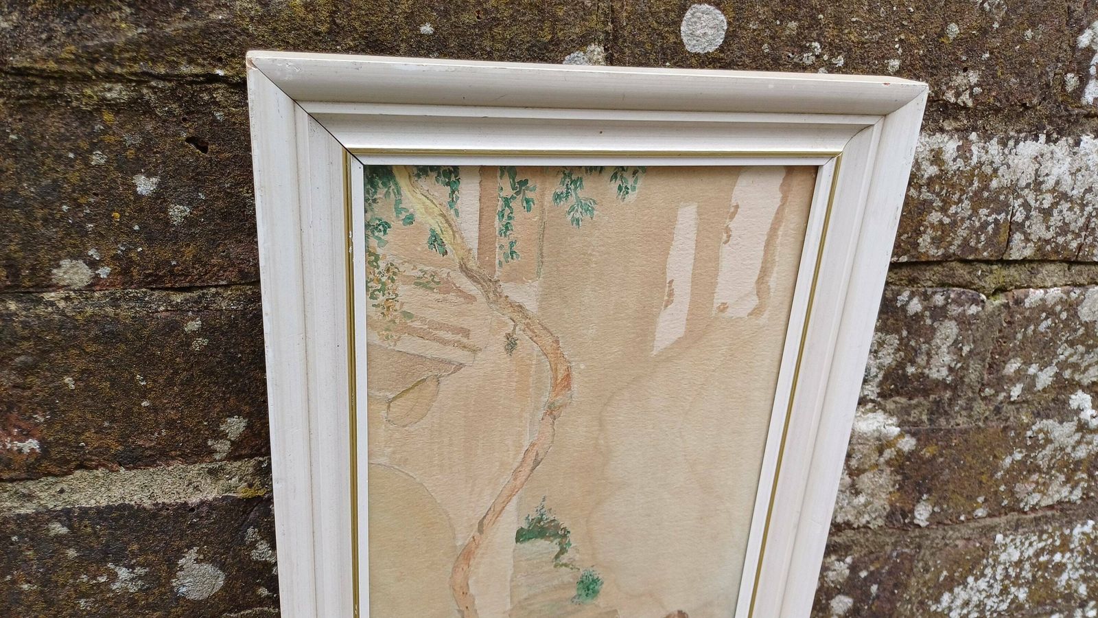 Vintage Watercolour Of A Mediterranean Village Scene, Boy On Steps Enjoying Hot Weather. Small Vertical Painting In Glazed Retro Frame. photo for sale