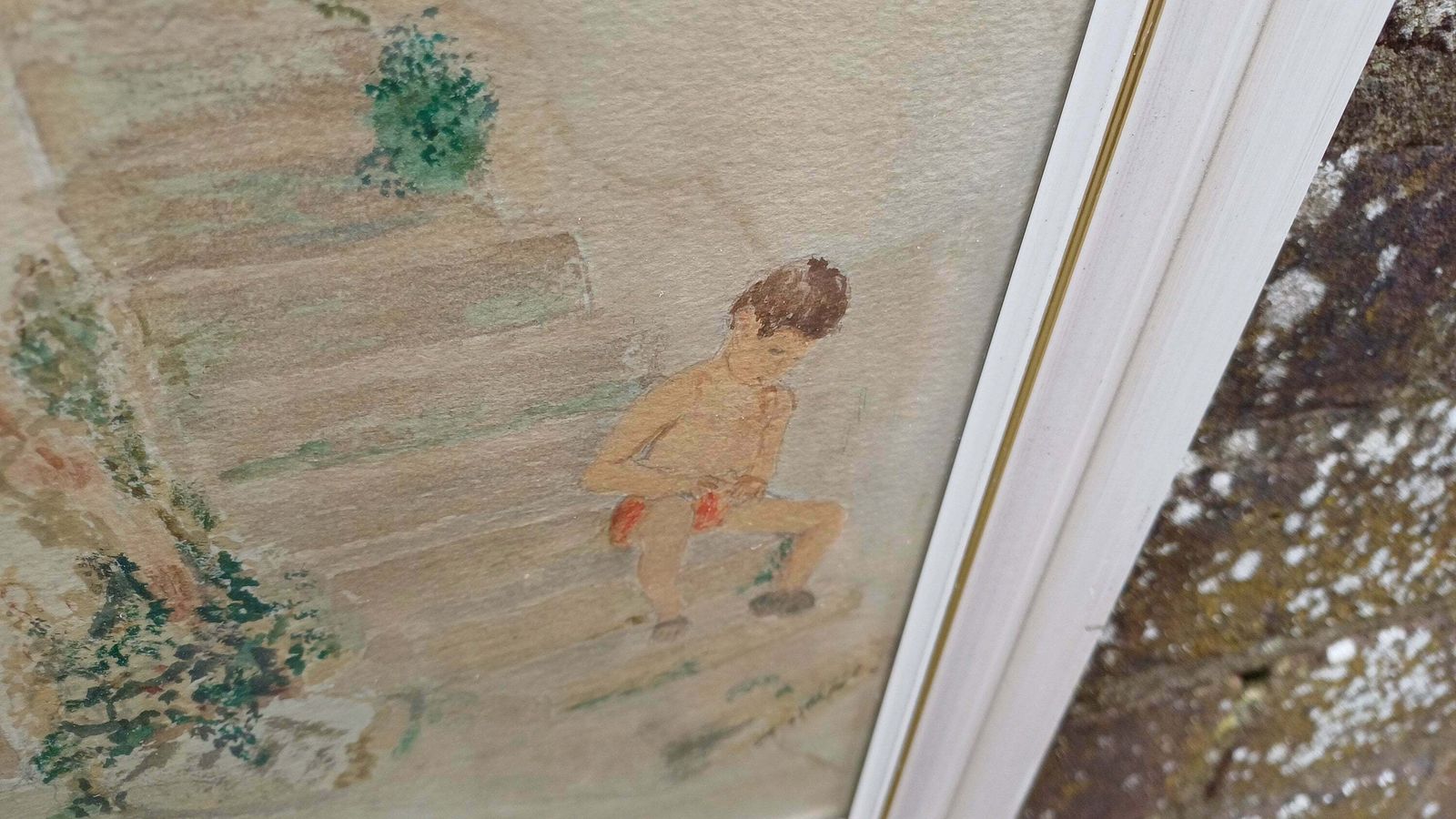Vintage Watercolour Of A Mediterranean Village Scene, Boy On Steps Enjoying Hot Weather. Small Vertical Painting In Glazed Retro Frame. photo 55.0